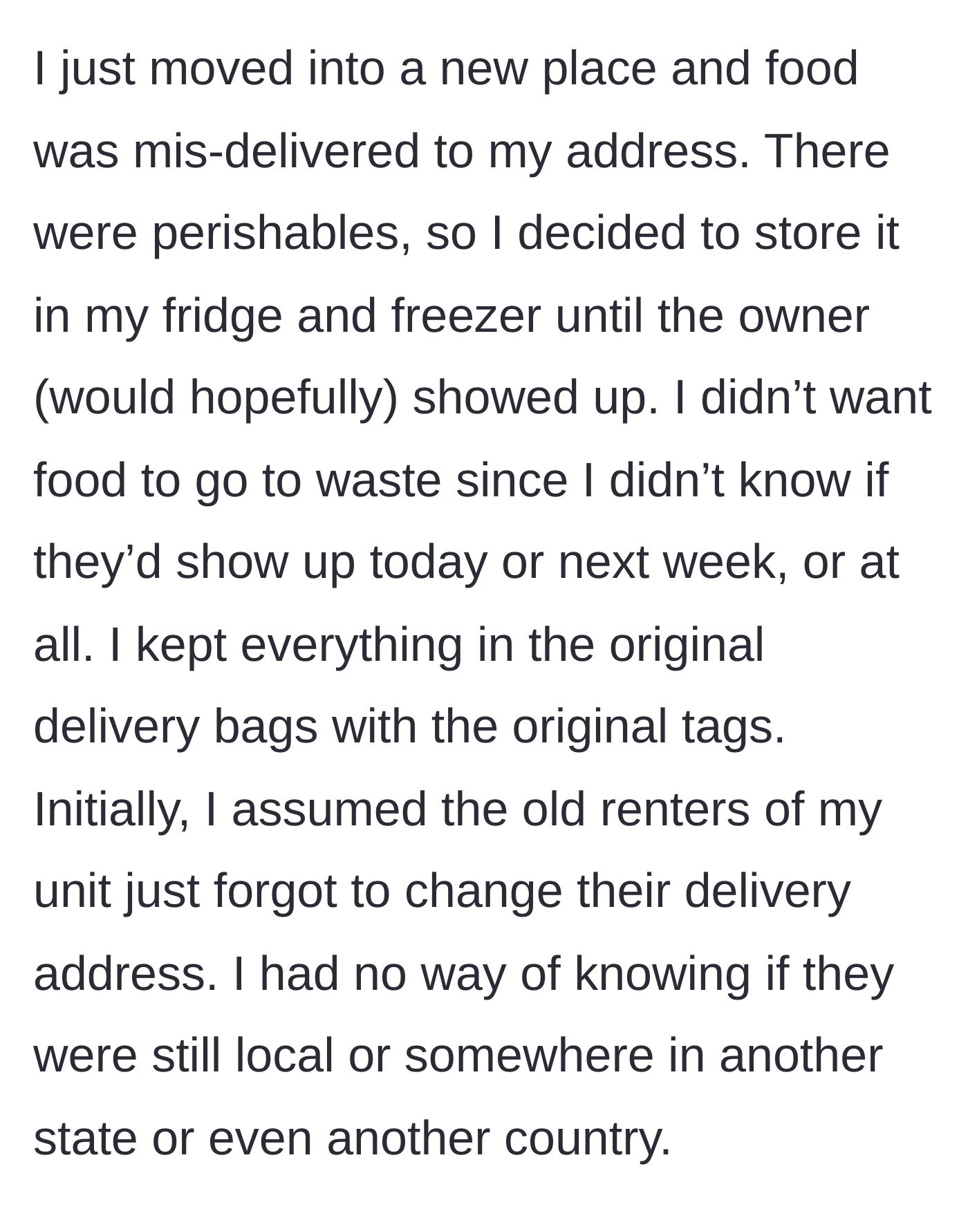 Story part 1 - Bags of a grocery delivery sitting safely inside a newly moved-in apartment.