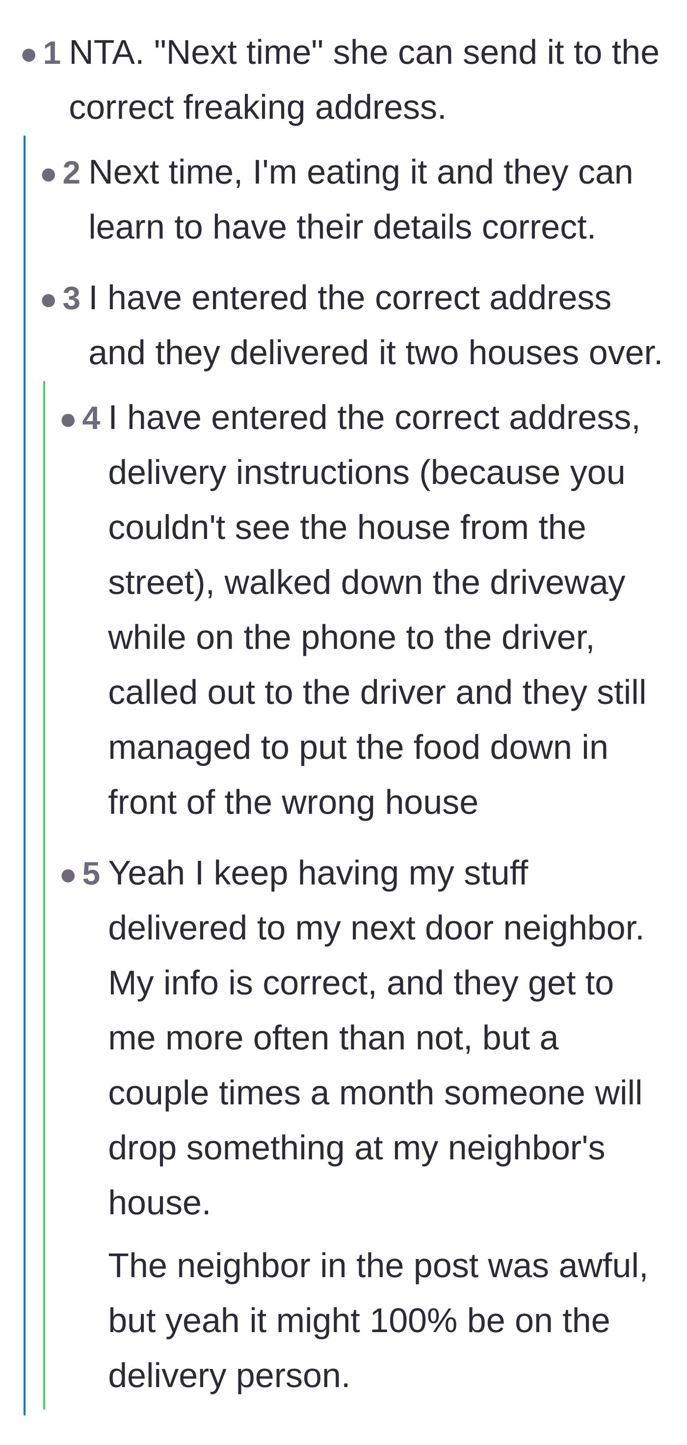 Comment thread 1 - A discussion on delivery drivers ignoring instructions and dropping food at the wrong address.