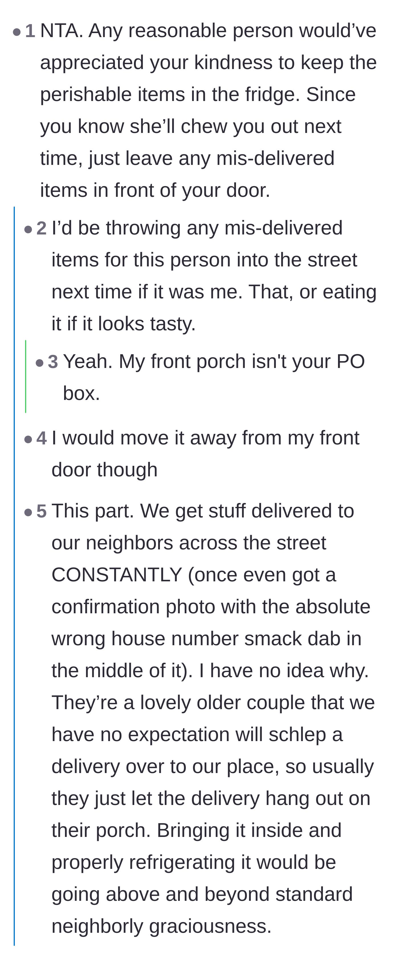Comment thread 4 - A discussion about how refrigerating misdelivered food is going above and beyond standard neighborly duties.