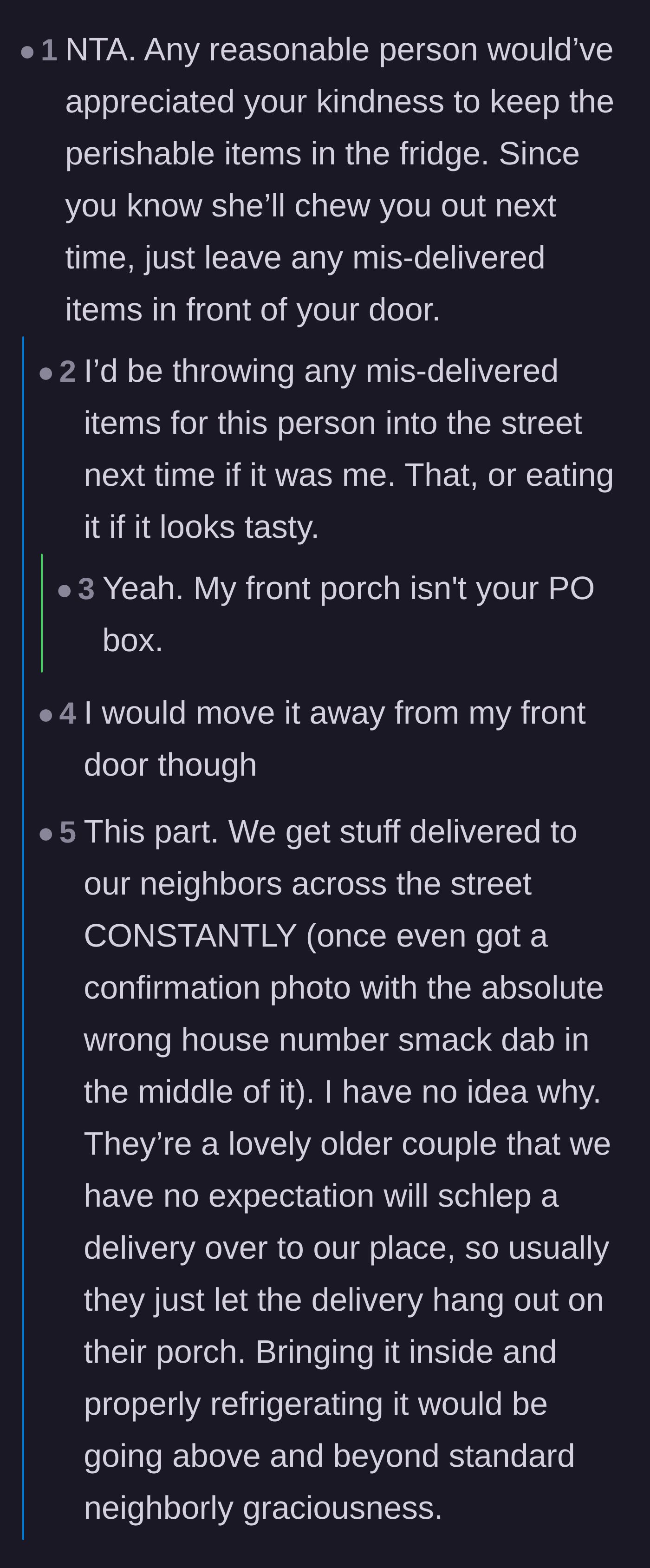 Comment thread 4 - A discussion about how refrigerating misdelivered food is going above and beyond standard neighborly duties.