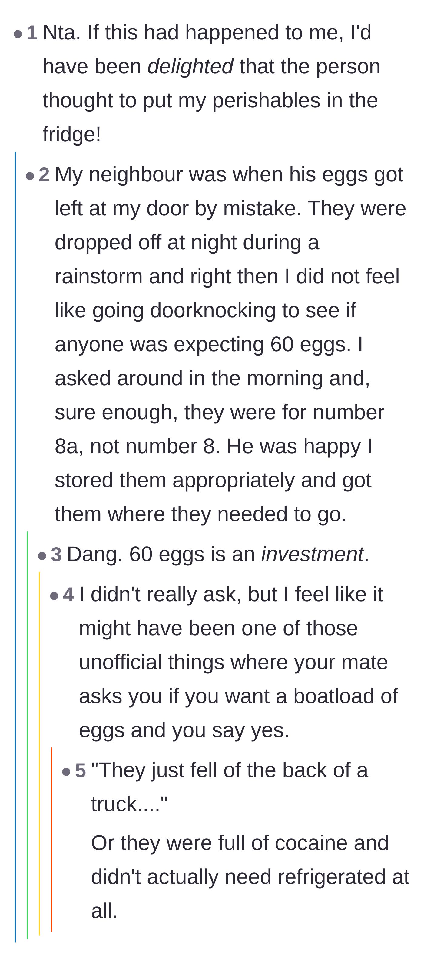 Comment thread 5 - A wholesome story about a neighbor who was grateful when someone saved their misdelivered order of 60 eggs.