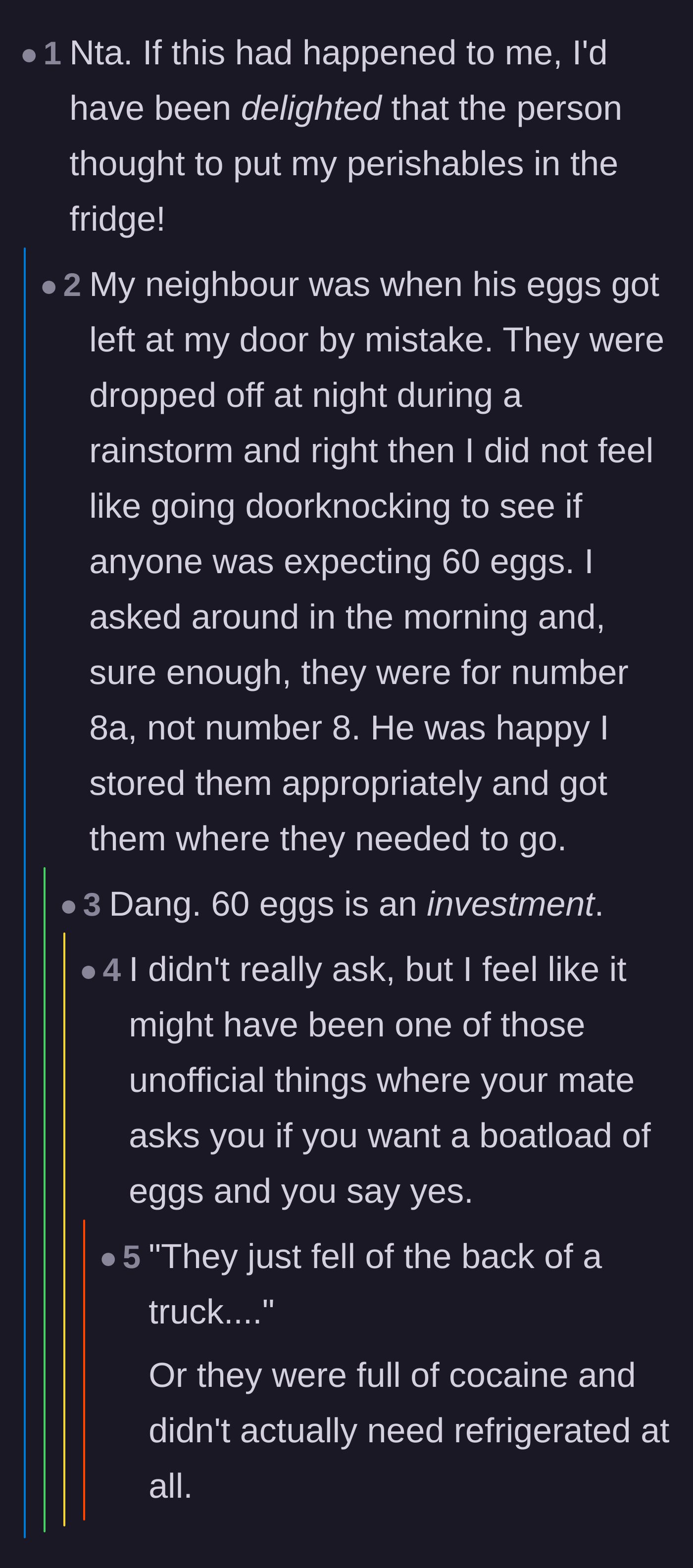 Comment thread 5 - A wholesome story about a neighbor who was grateful when someone saved their misdelivered order of 60 eggs.