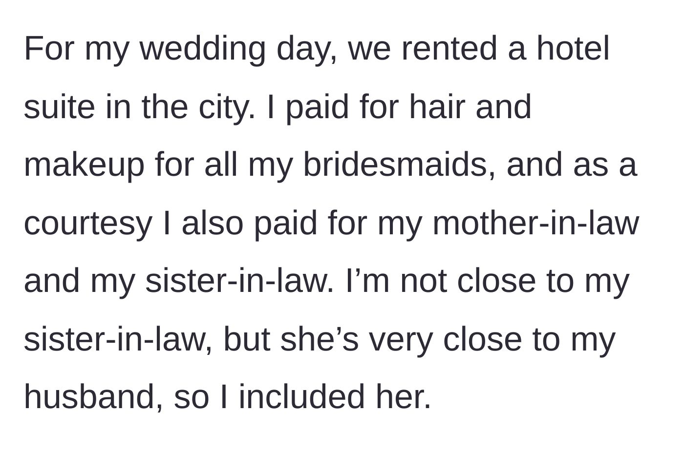 Story part 1 - Bride paying for in-laws' hair and makeup in the hotel suite.