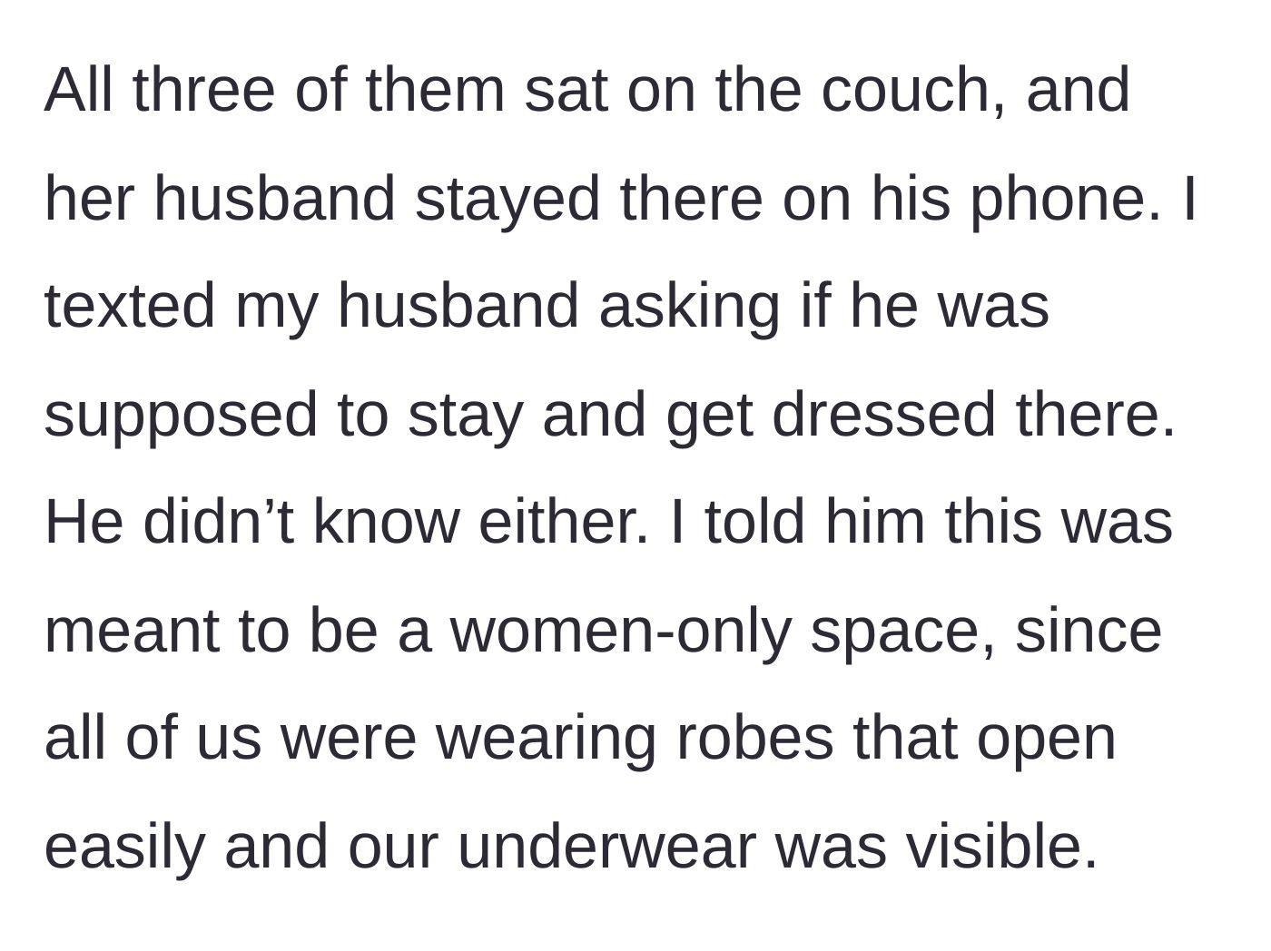 Story part 3 - The husband sitting on the couch while the bride texts her fiancé in distress about their exposed state.