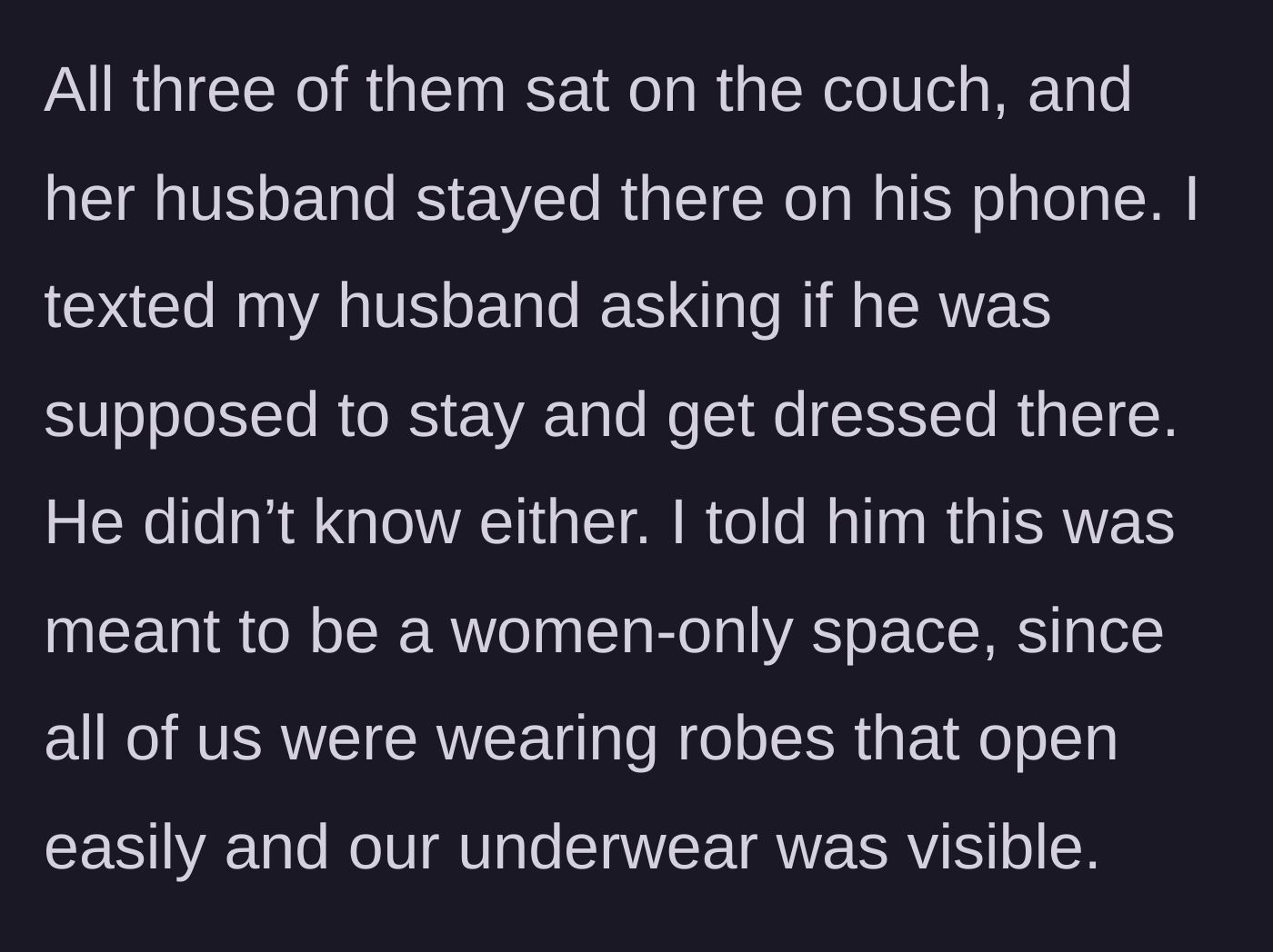 Story part 3 - The husband sitting on the couch while the bride texts her fiancé in distress about their exposed state.