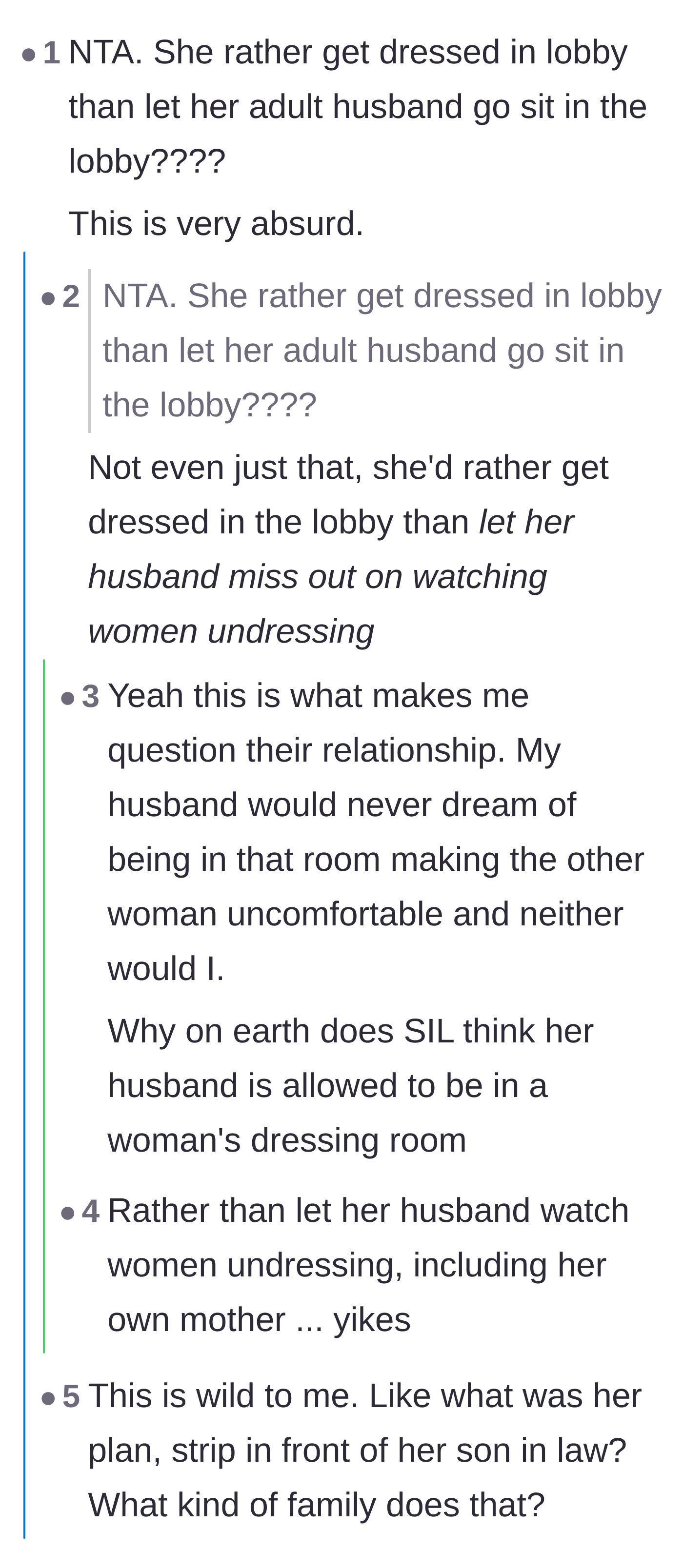 Comment thread 3 - Questioning the bizarre logic of forcing a man into a room where women, including his mother-in-law, are undressing.