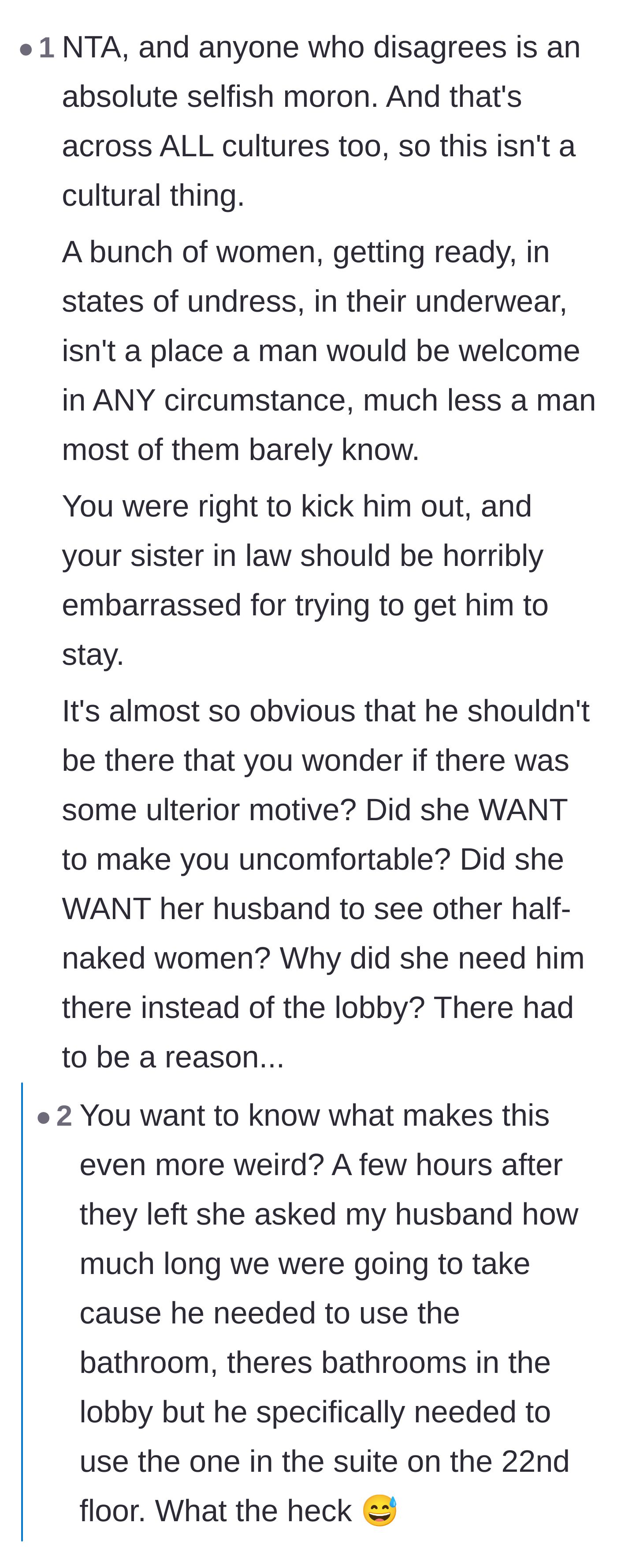 Comment thread 4 - Suspicion around the sister-in-law's strange demand for her husband to use the suite's bathroom hours later.