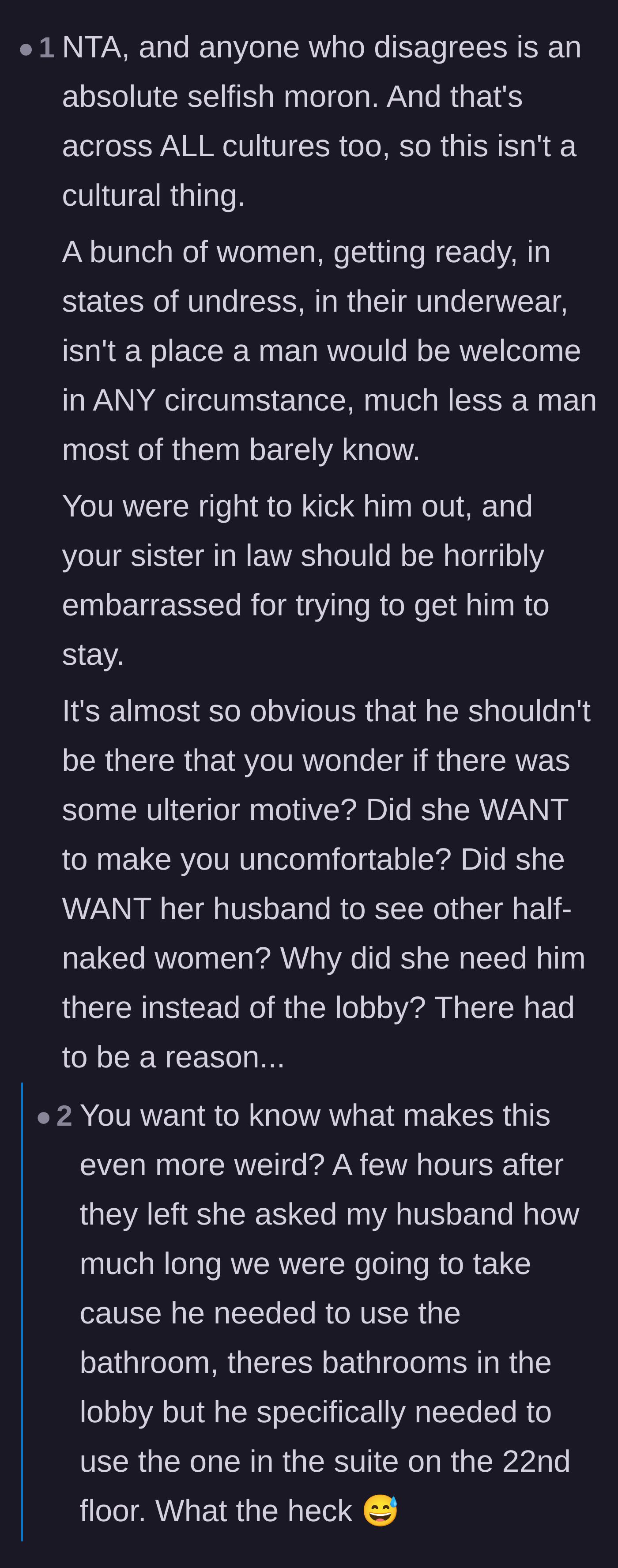 Comment thread 4 - Suspicion around the sister-in-law's strange demand for her husband to use the suite's bathroom hours later.