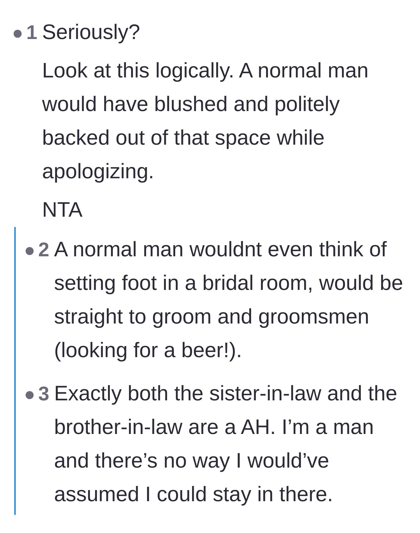 Comment thread 6 - Pointing out that a respectful man would have immediately excused himself from a women's dressing room.