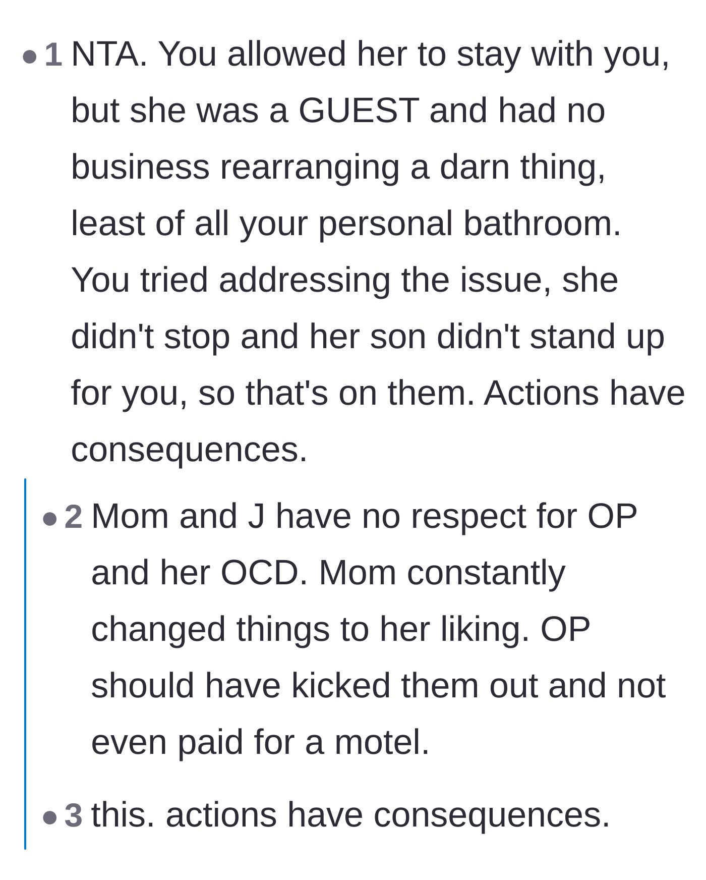 Comment thread 1 - Discussing the fundamental rules of being a guest and how actions must have consequences.