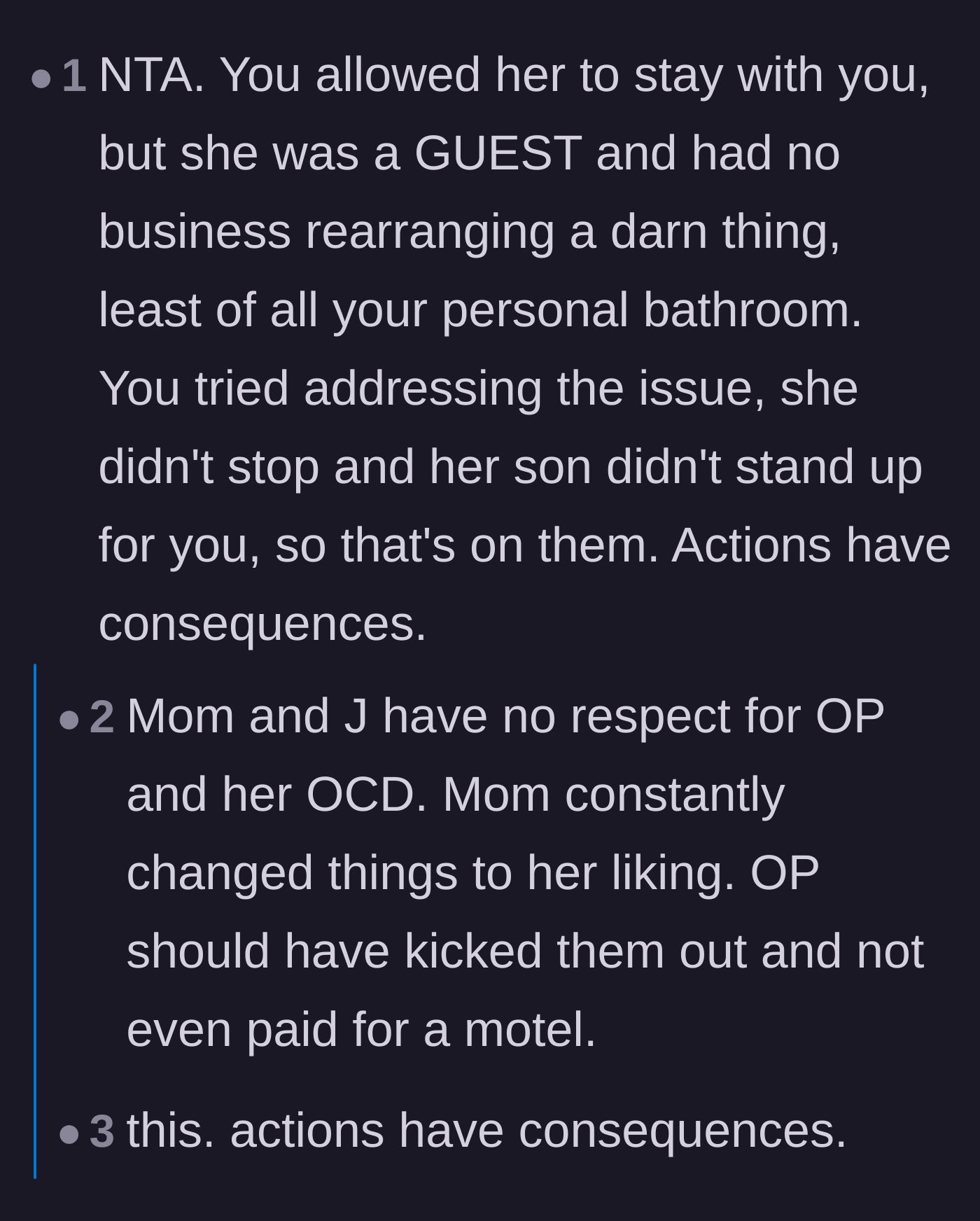 Comment thread 1 - Discussing the fundamental rules of being a guest and how actions must have consequences.