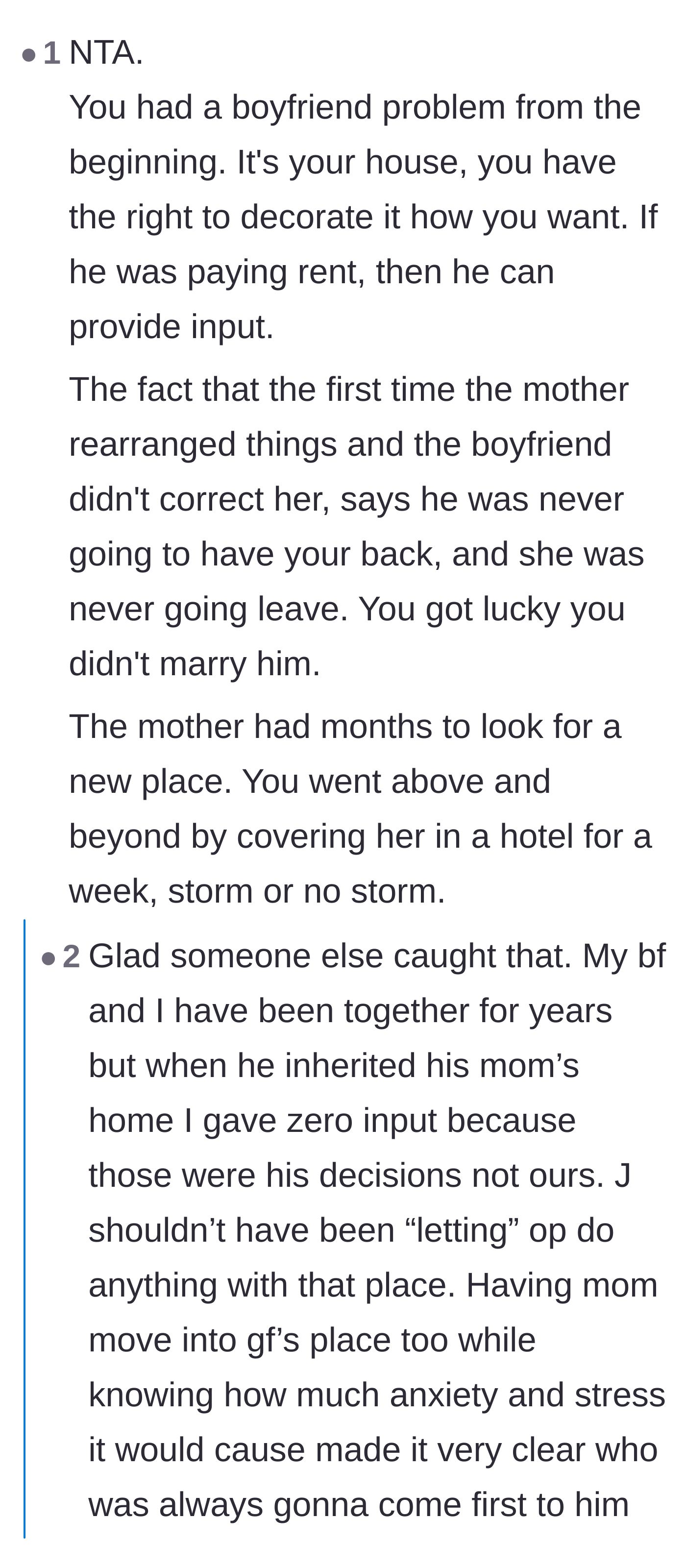 Comment thread 2 - Highlighting the red flag of a boyfriend 'letting' a homeowner decorate her own inherited house.