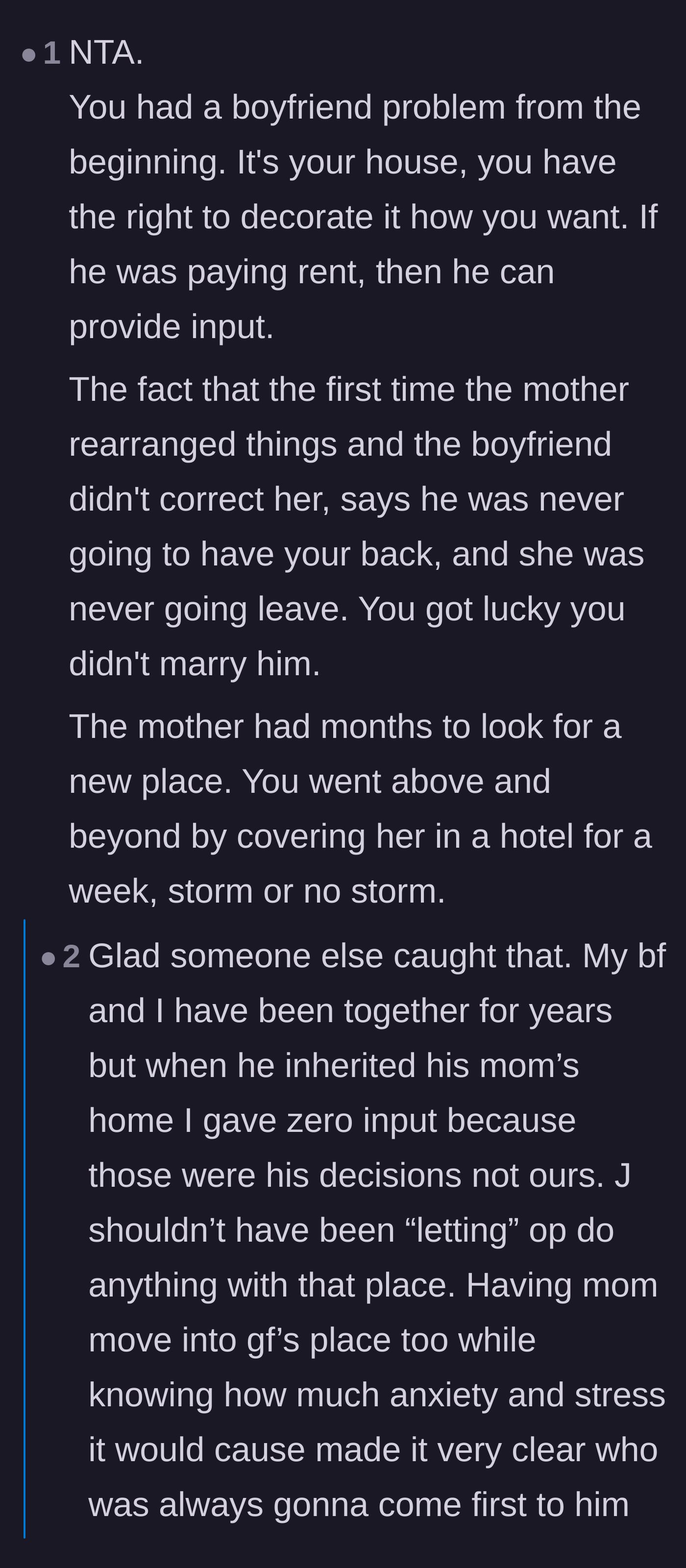 Comment thread 2 - Highlighting the red flag of a boyfriend 'letting' a homeowner decorate her own inherited house.