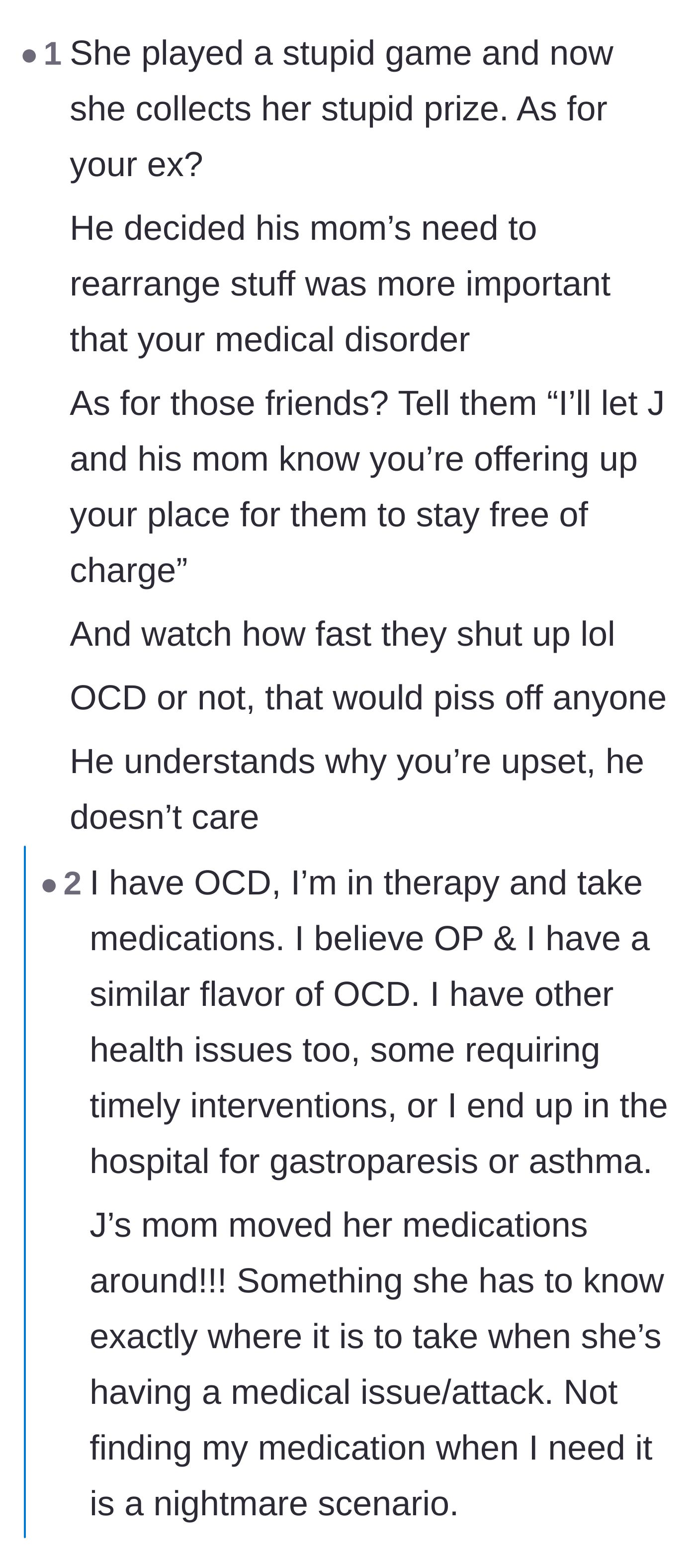 Comment thread 3 - Analyzing the danger of moving someone's medical supplies and shutting down hypocritical friends.
