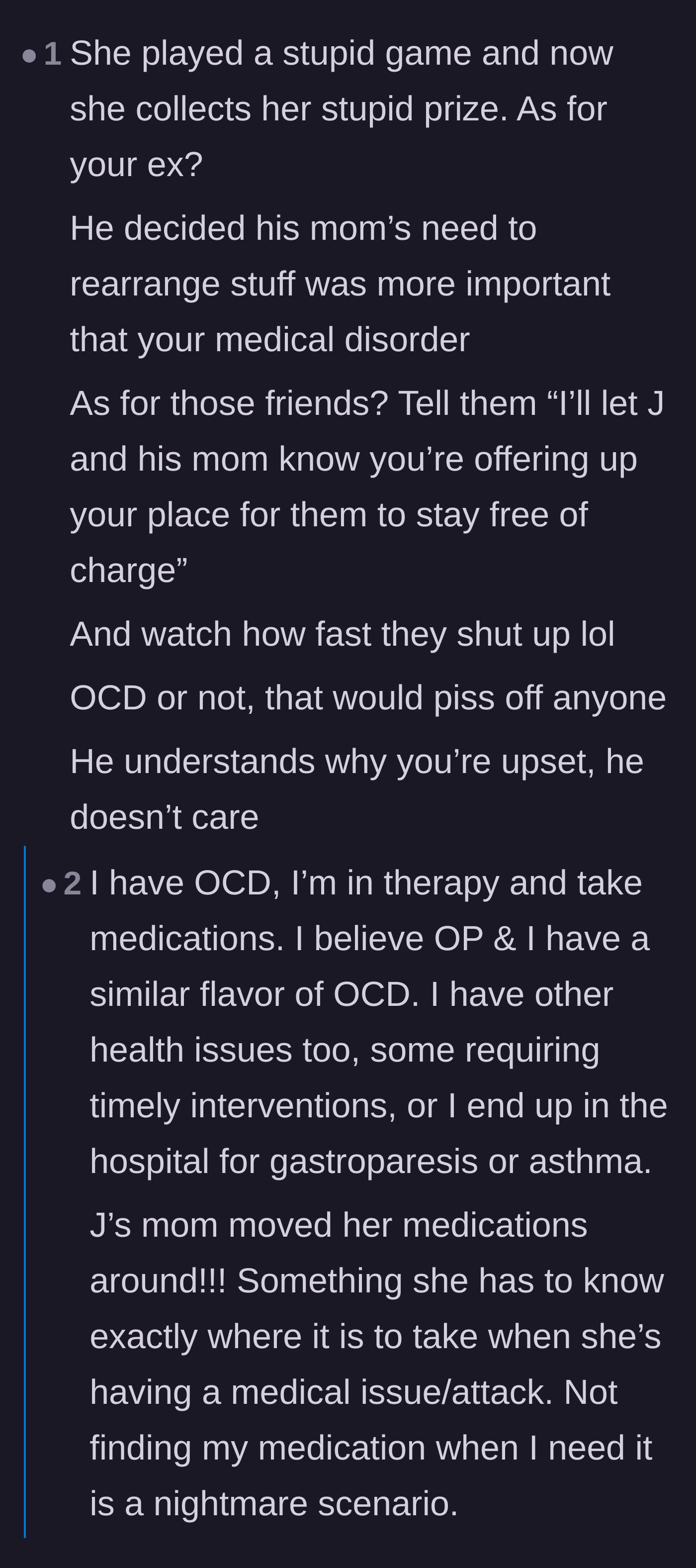 Comment thread 3 - Analyzing the danger of moving someone's medical supplies and shutting down hypocritical friends.