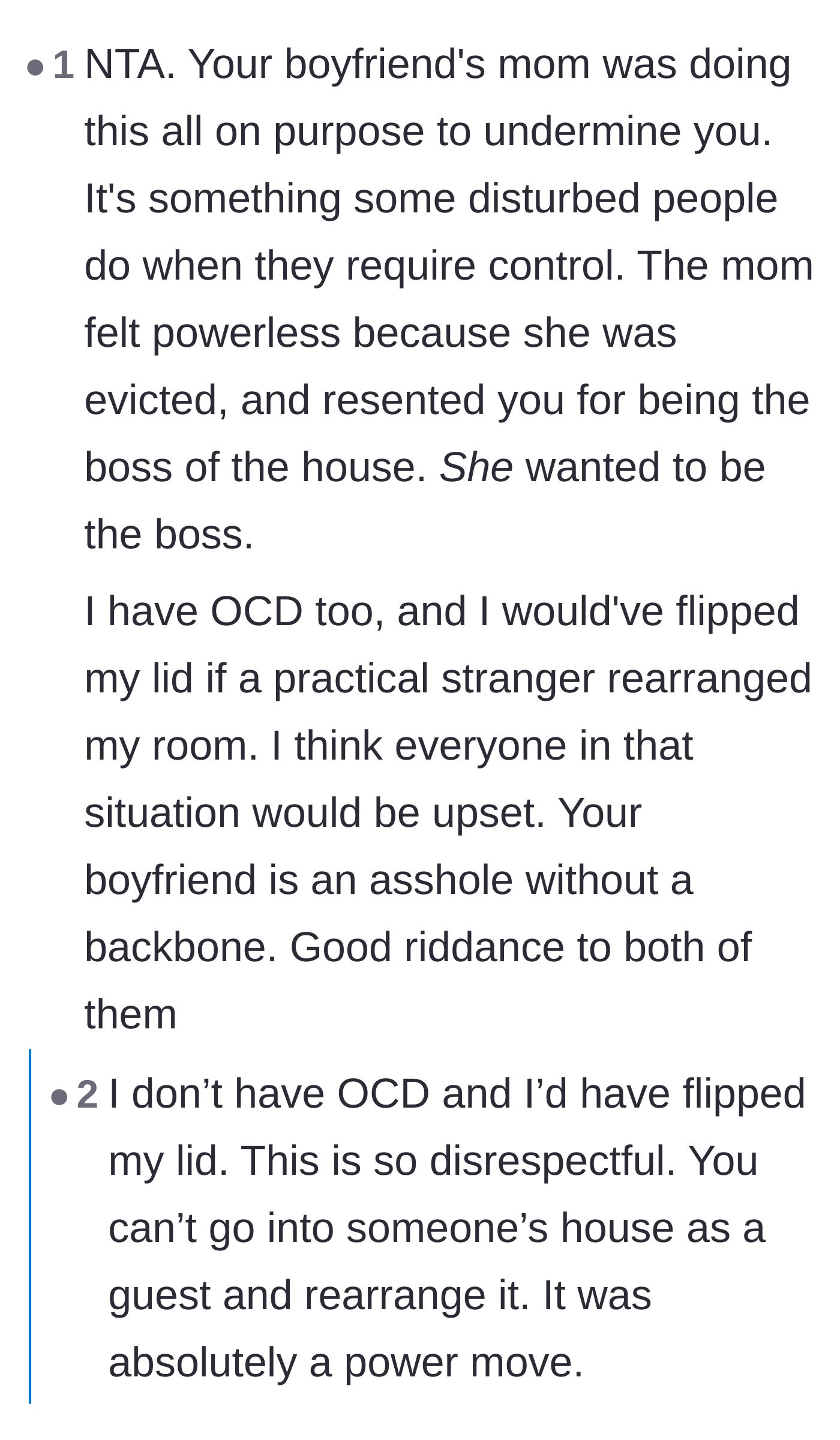 Comment thread 4 - Examining the psychological power play behind the mother's need to reorganize the house.