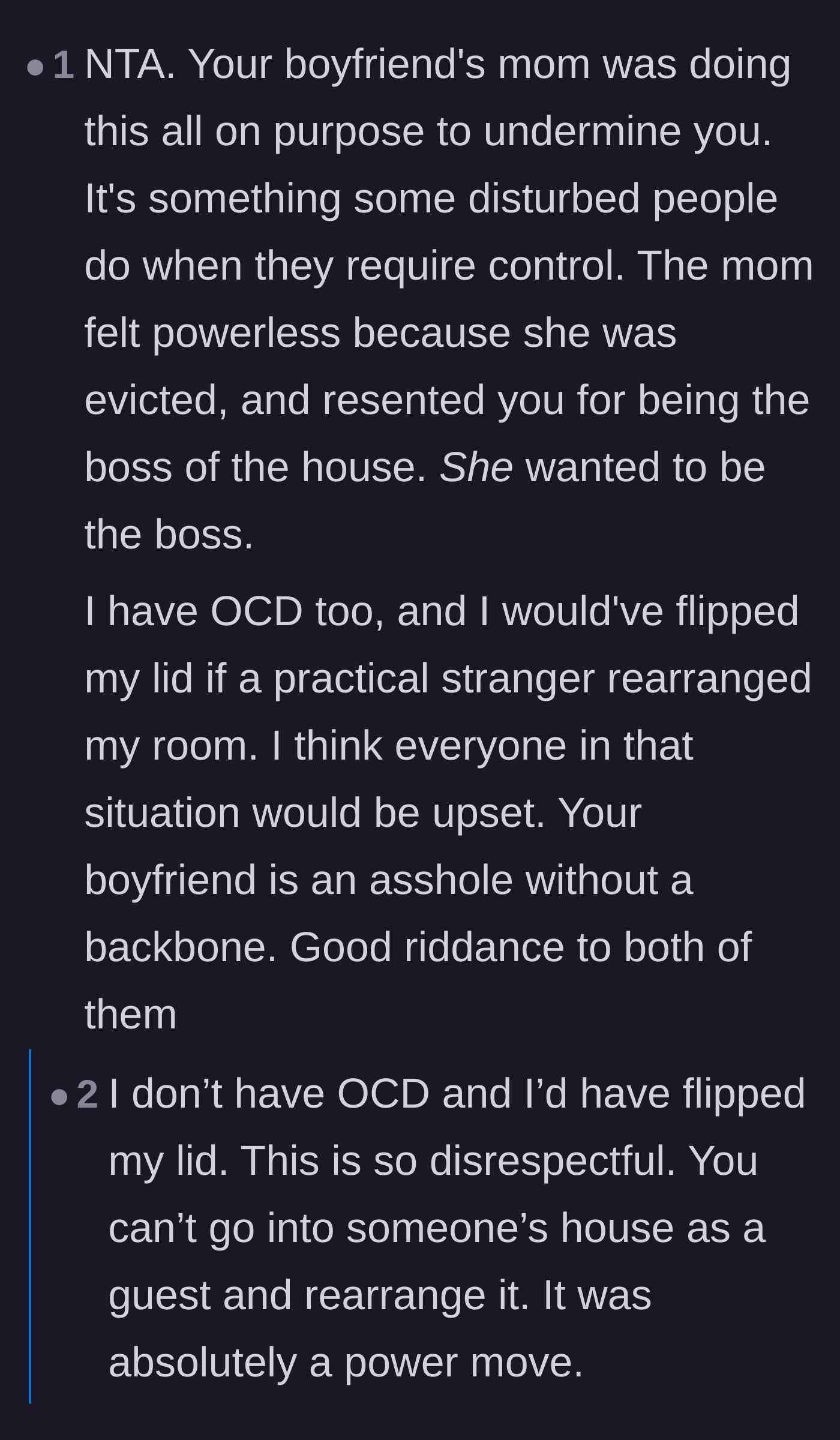 Comment thread 4 - Examining the psychological power play behind the mother's need to reorganize the house.