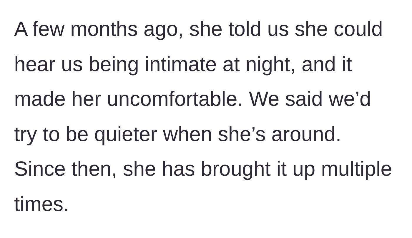 Story part 4 - The guest complains about hearing intimacy at night, and the hosts politely agree to try to be quieter.