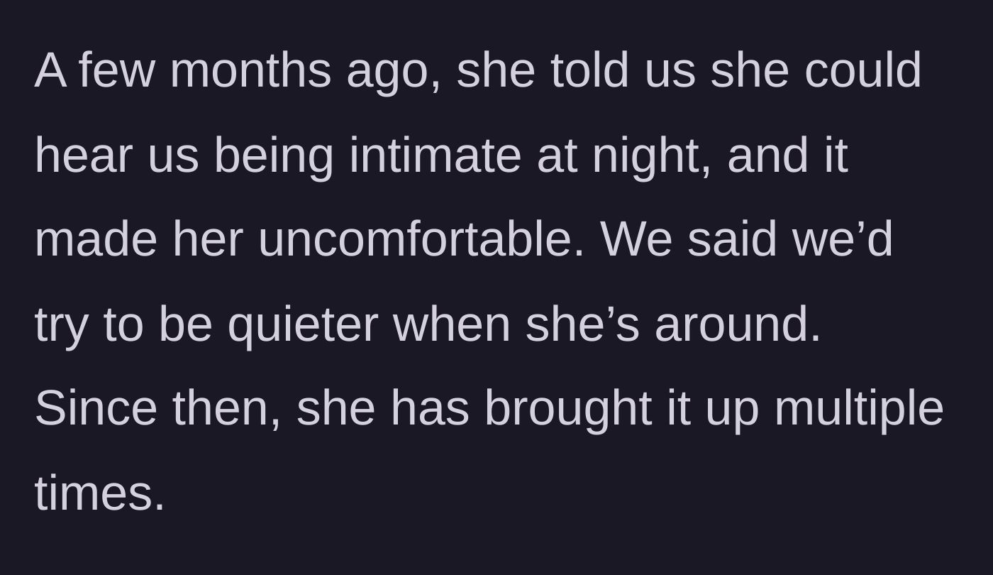 Story part 4 - The guest complains about hearing intimacy at night, and the hosts politely agree to try to be quieter.