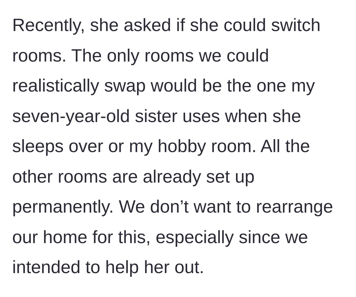 Story part 5 - The guest requests to switch bedrooms, which would require the hosts to permanently reorganize their home's established layout.