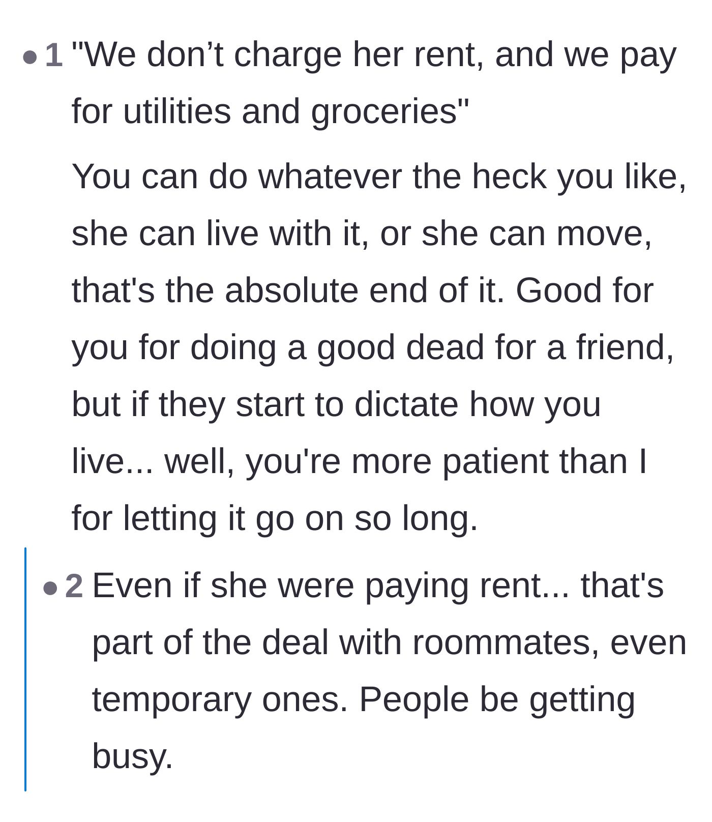 Comment thread 2 - Readers bluntly declaring that the homeowners have ultimate authority and that roommates must accept normal household noises.