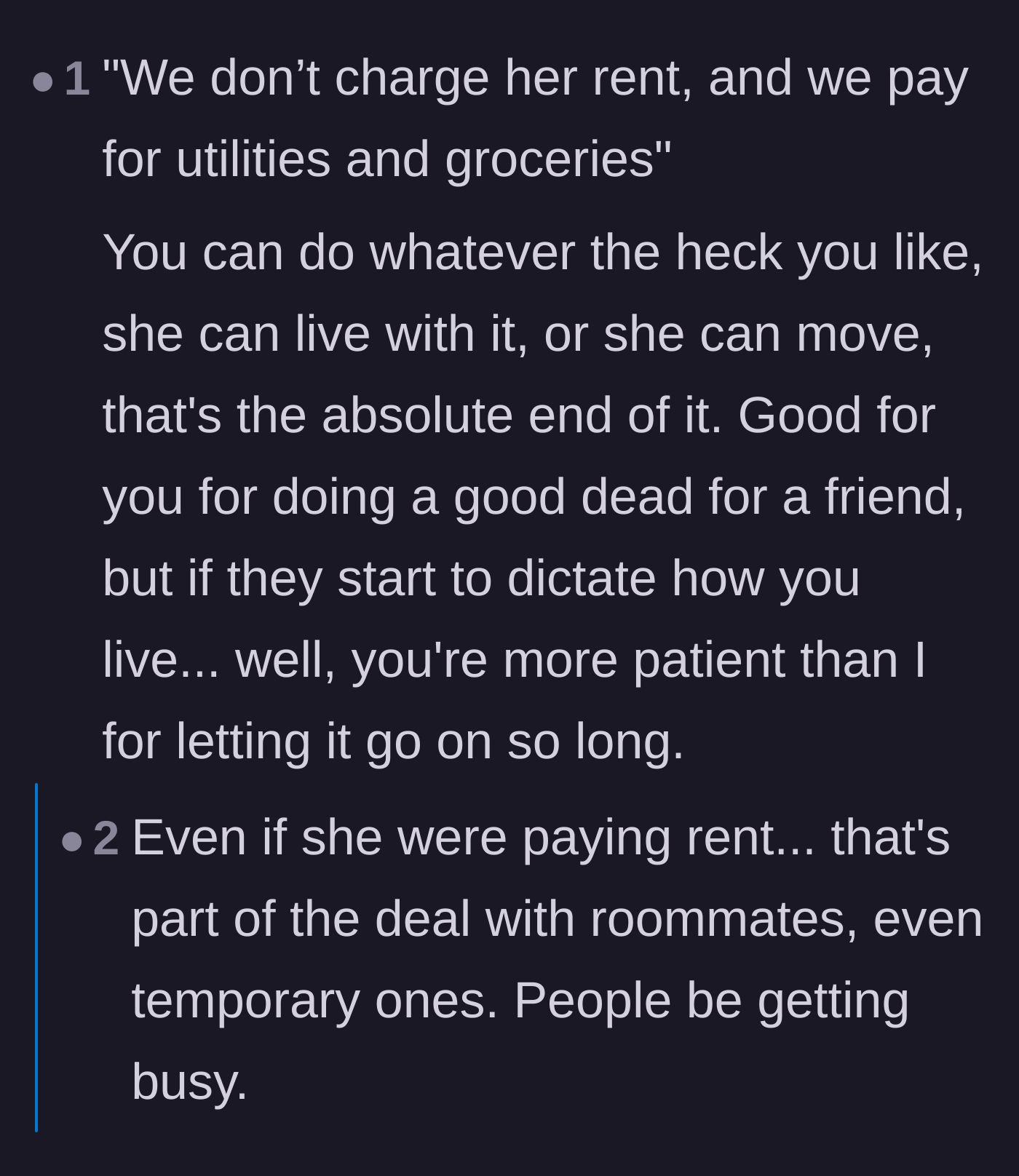 Comment thread 2 - Readers bluntly declaring that the homeowners have ultimate authority and that roommates must accept normal household noises.