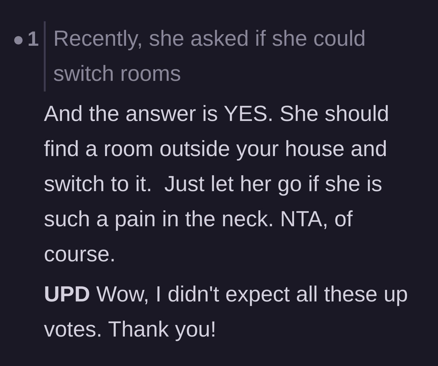 Comment thread 3 - A witty suggestion that the only room the guest should switch to is one outside of the house entirely.