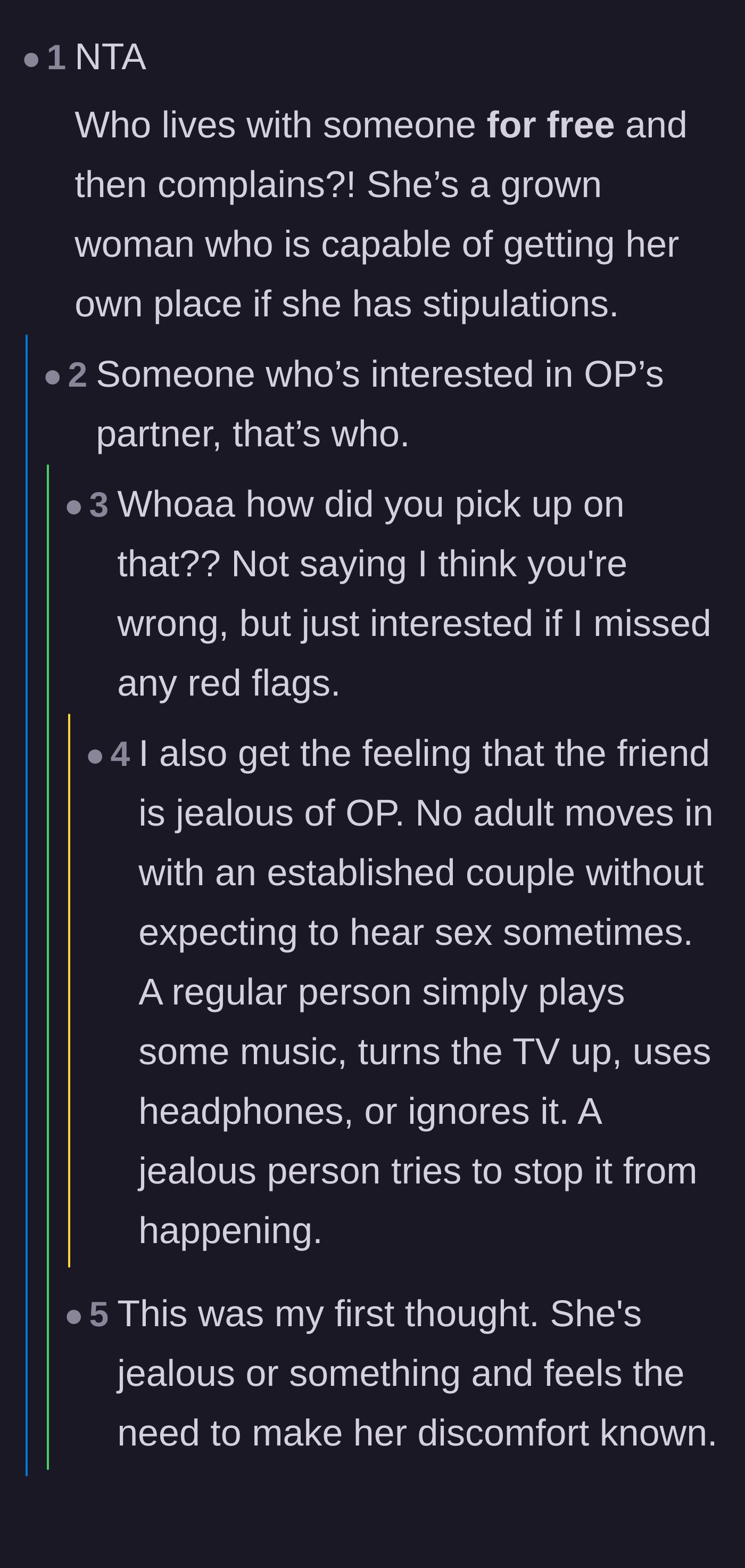 Comment thread 4 - Speculation that the guest's repeated complaints stem from jealousy or a hidden crush on the host's boyfriend.