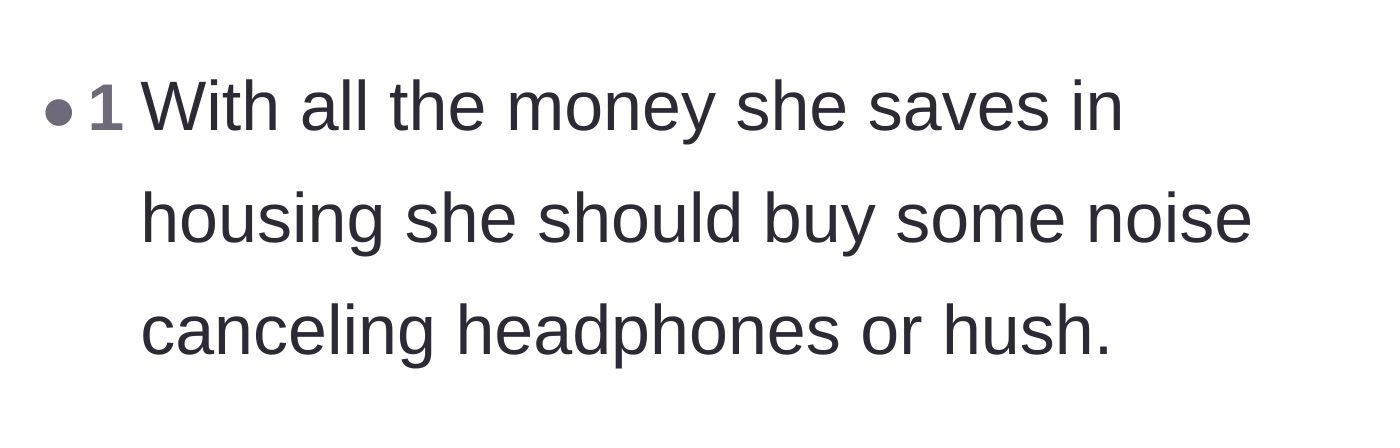 Comment thread 5 - A straightforward reality check about using the money saved on rent to solve the noise problem.