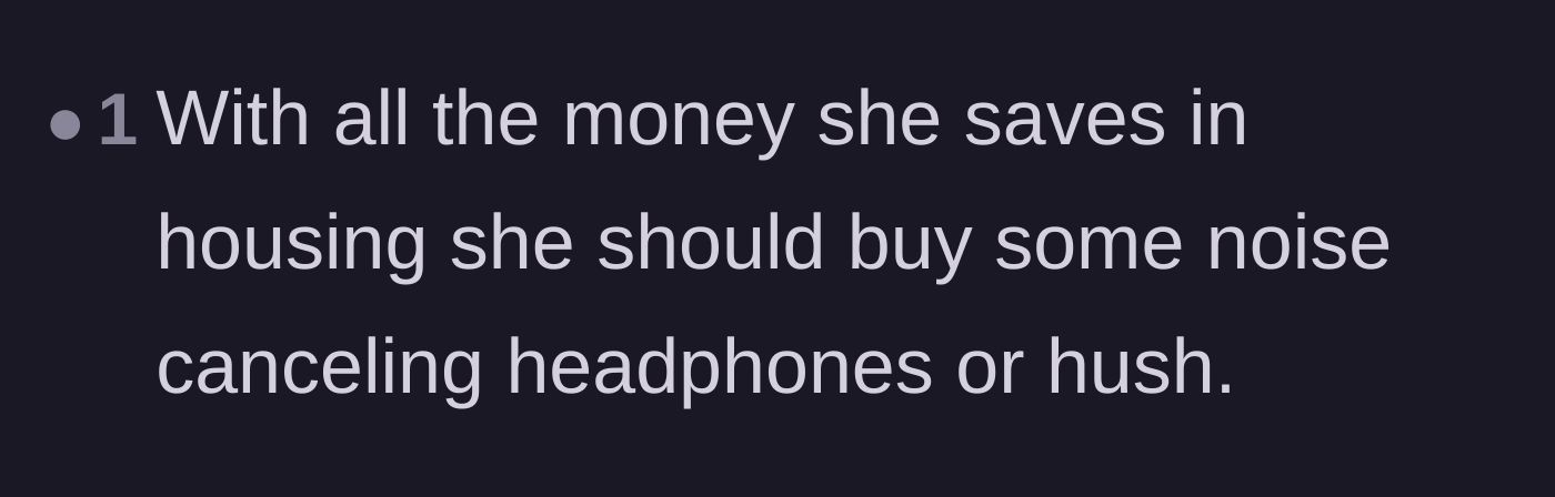 Comment thread 5 - A straightforward reality check about using the money saved on rent to solve the noise problem.