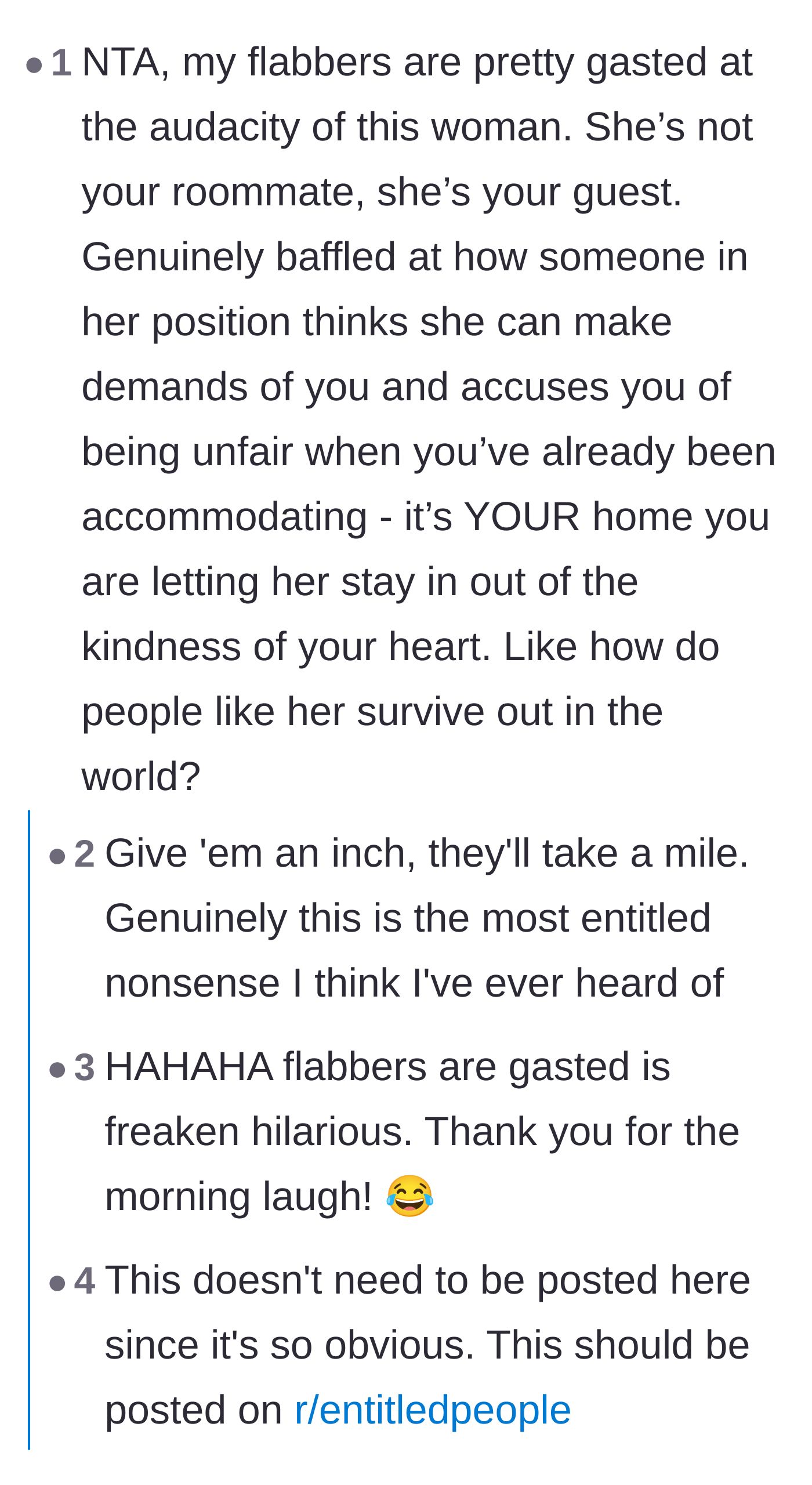 Comment thread 6 - Disbelief at the guest's lack of self-awareness and her failure to realize she is not an equal roommate.