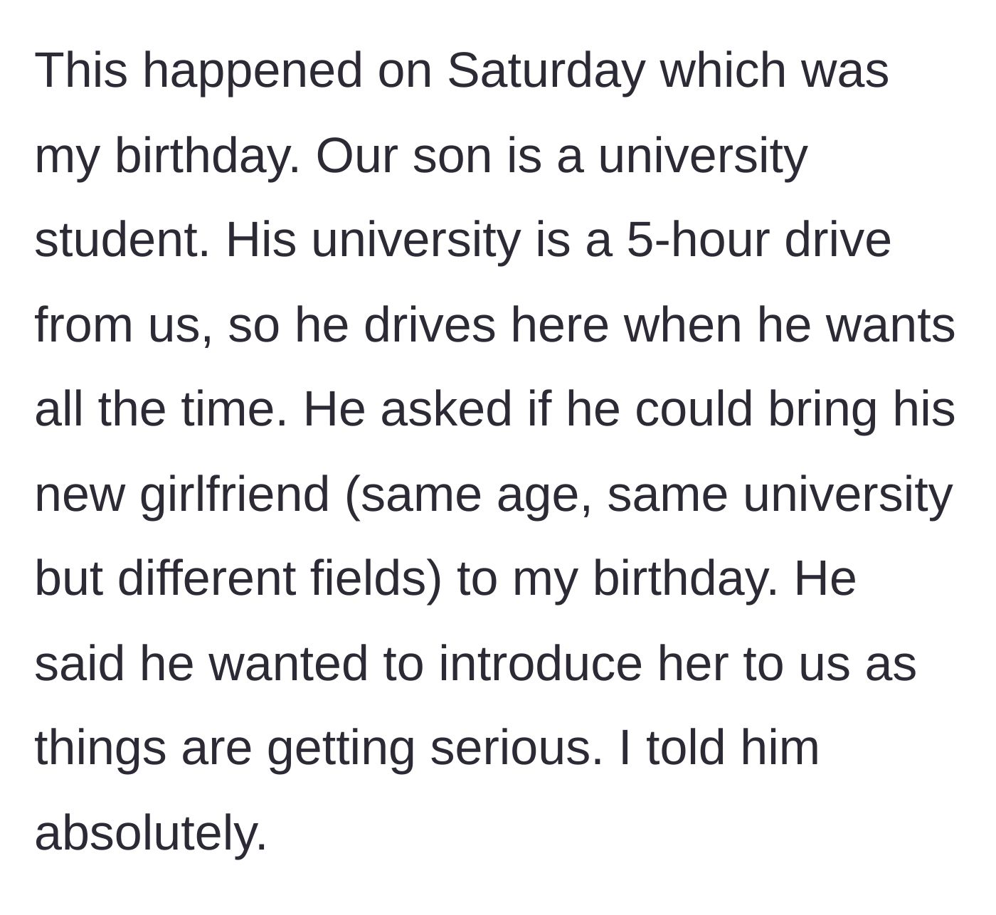 Story part 1 - Son asks to bring his new serious girlfriend to his mother's birthday dinner.