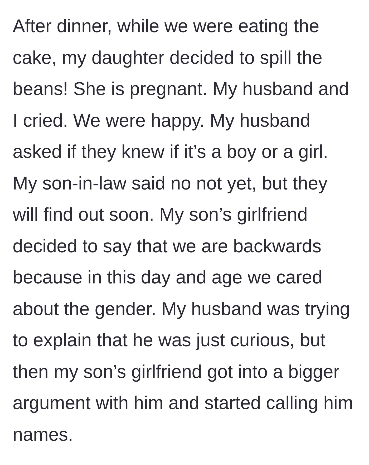 Story part 5 - The daughter announces her pregnancy, and the girlfriend berates the father for asking about the baby's gender.