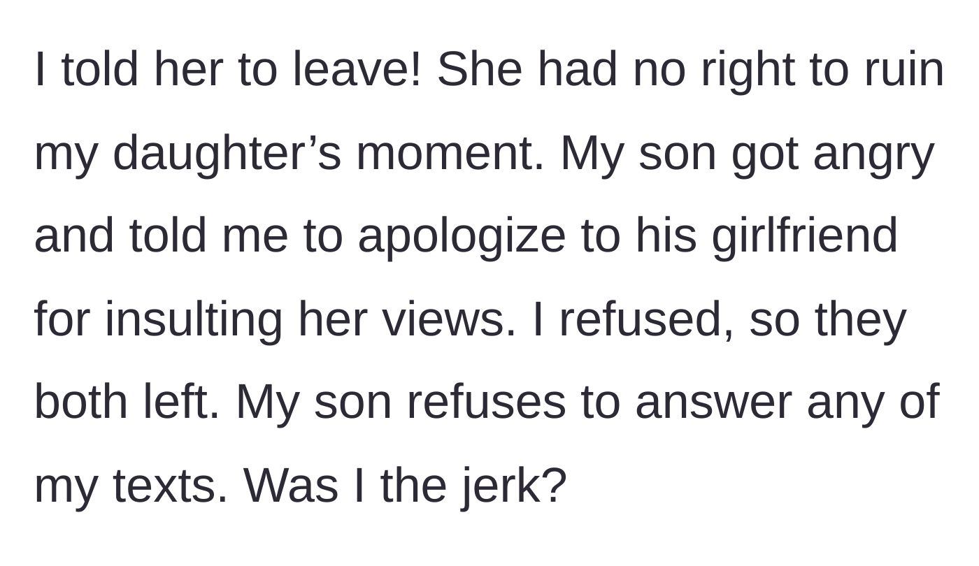 Story part 6 - The mother kicks the girlfriend out, the son demands an apology, and they leave.