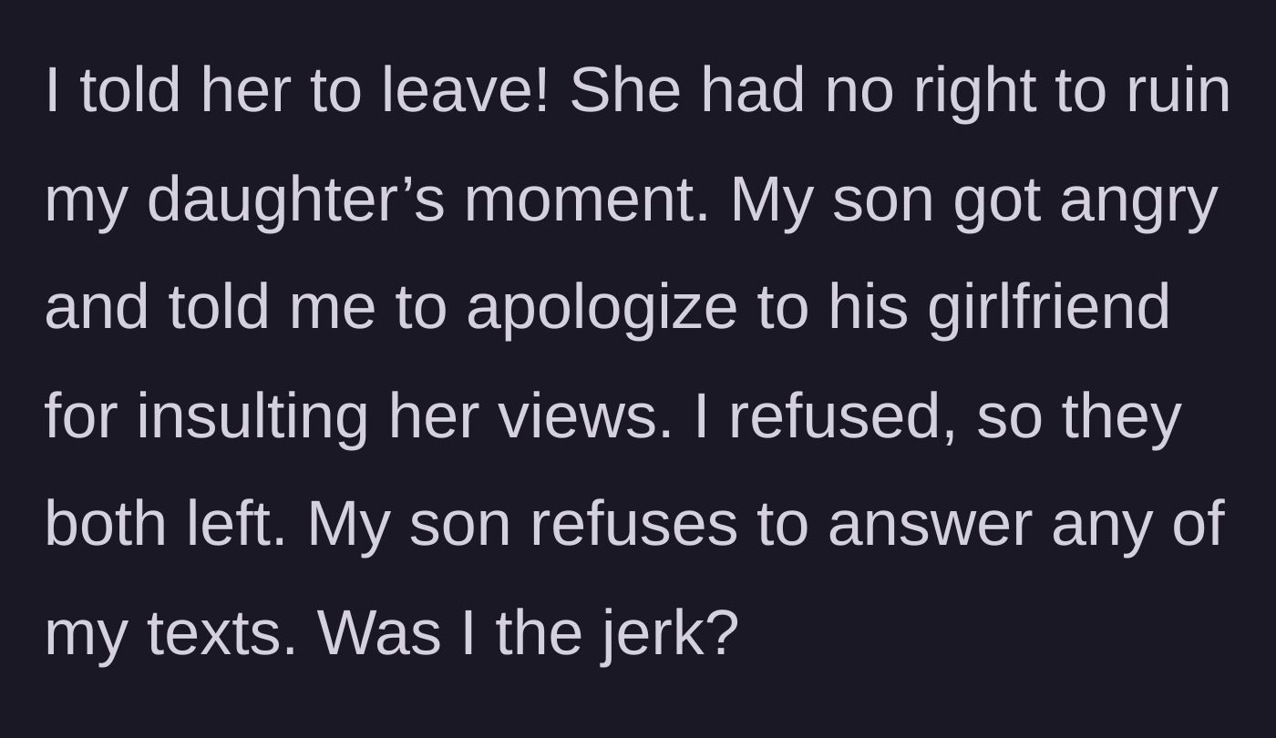 Story part 6 - The mother kicks the girlfriend out, the son demands an apology, and they leave.