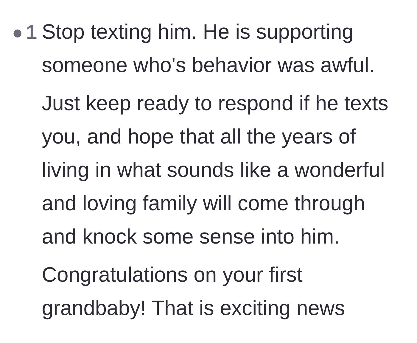 Comment thread 2 - Advice urging the mother to stop texting her son and focus on the new grandchild.