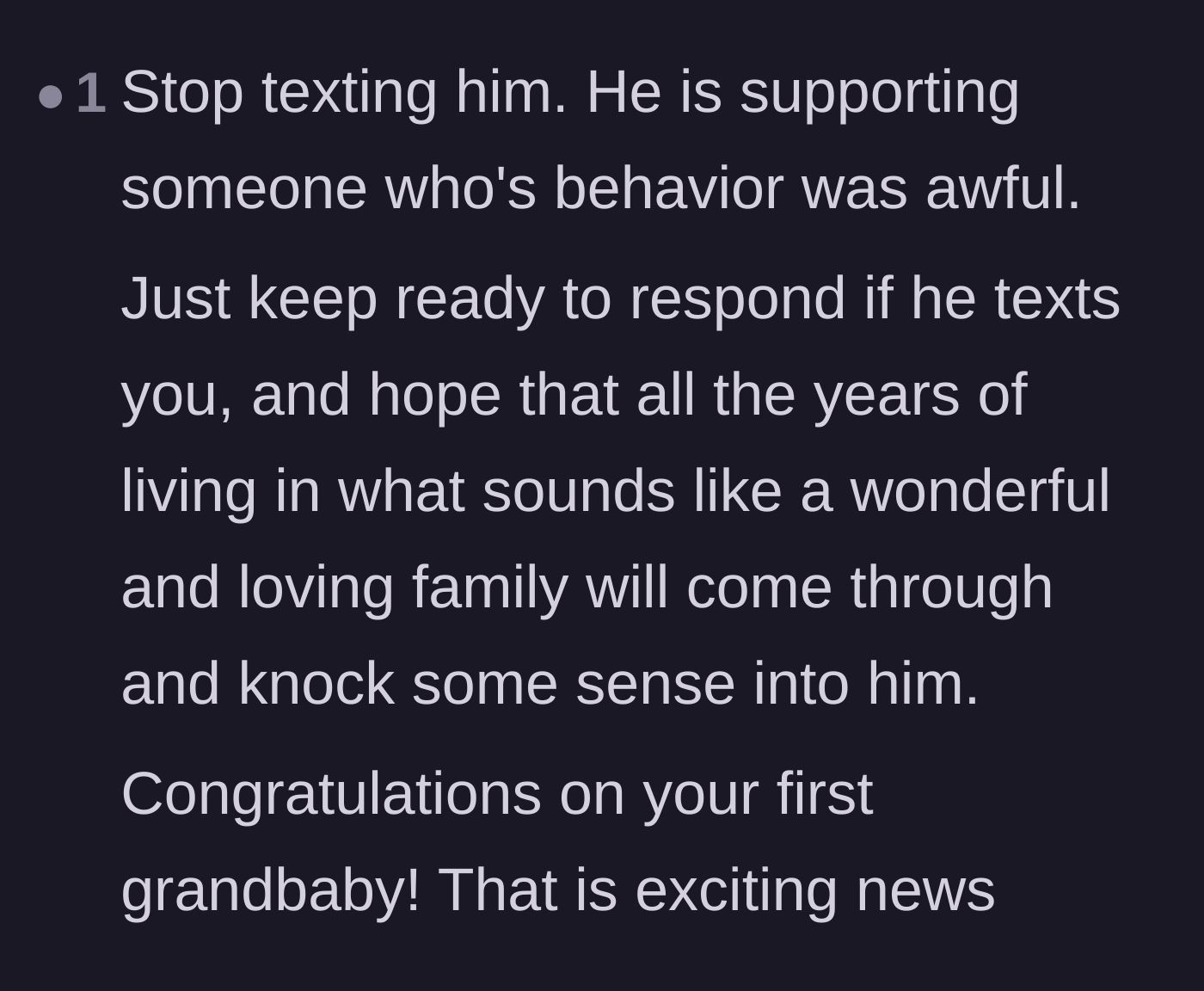 Comment thread 2 - Advice urging the mother to stop texting her son and focus on the new grandchild.