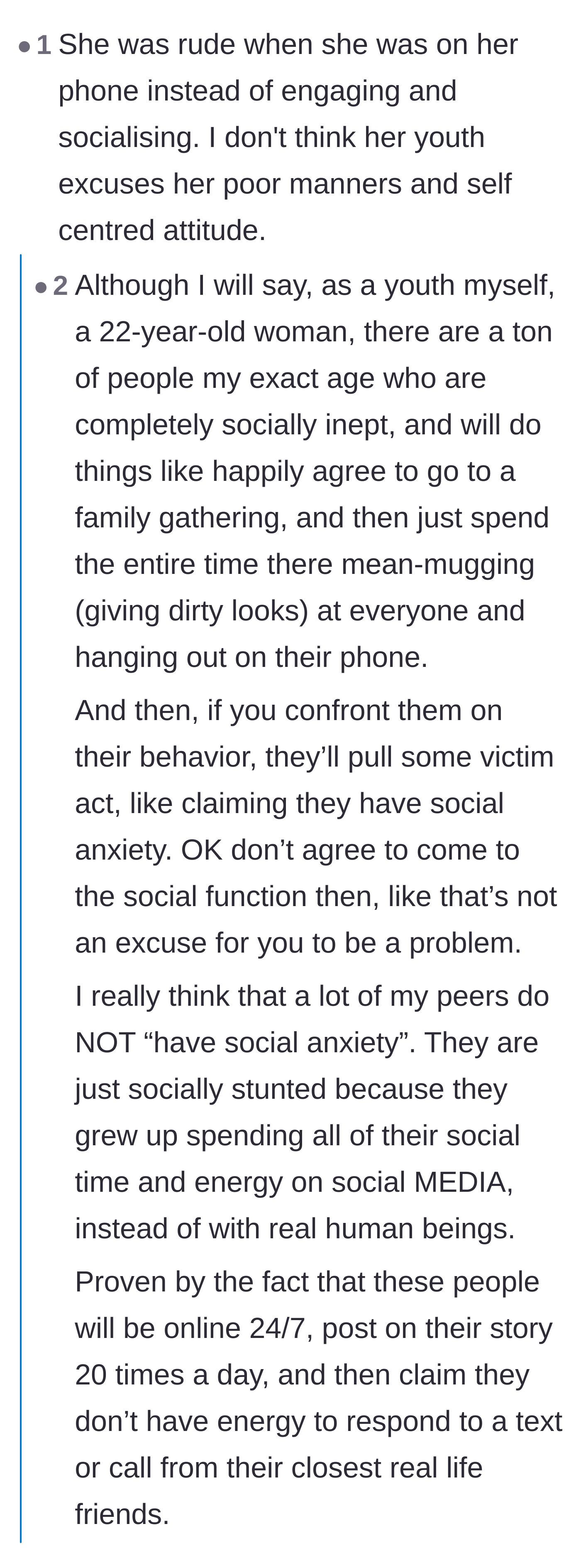 Comment thread 3 - A debate on how young people weaponize social anxiety as an excuse for poor manners and being glued to their phones.