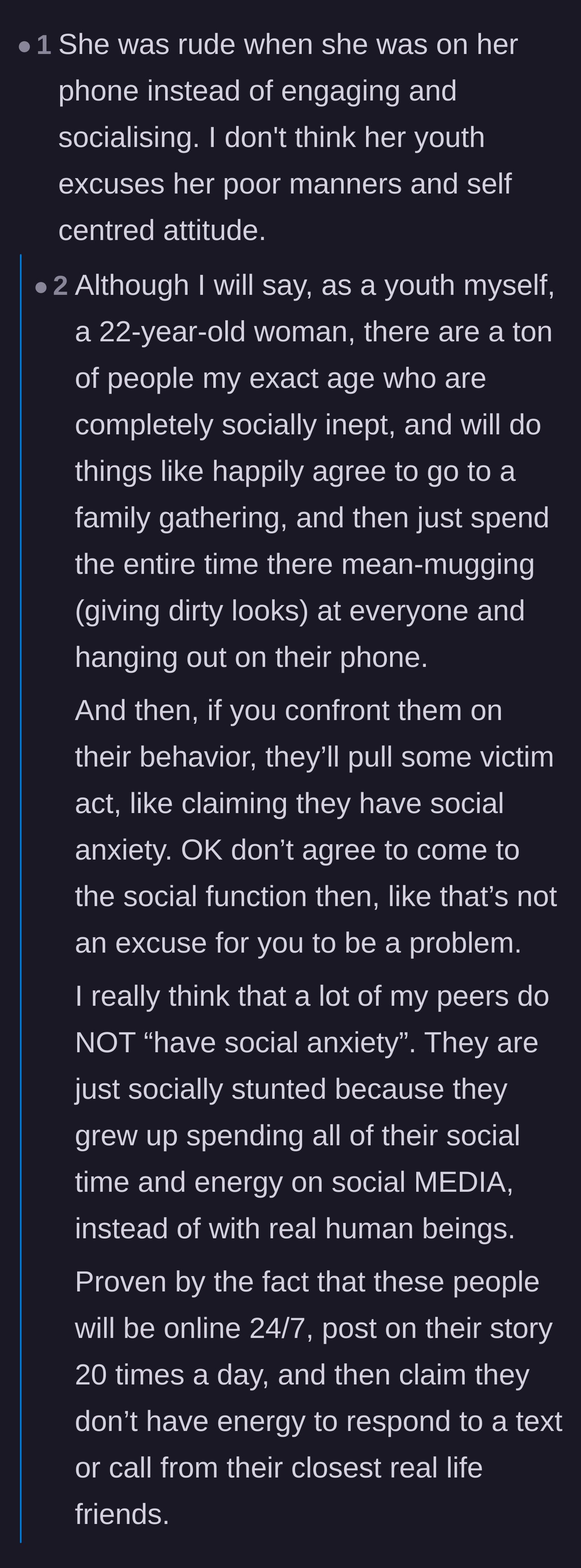Comment thread 3 - A debate on how young people weaponize social anxiety as an excuse for poor manners and being glued to their phones.