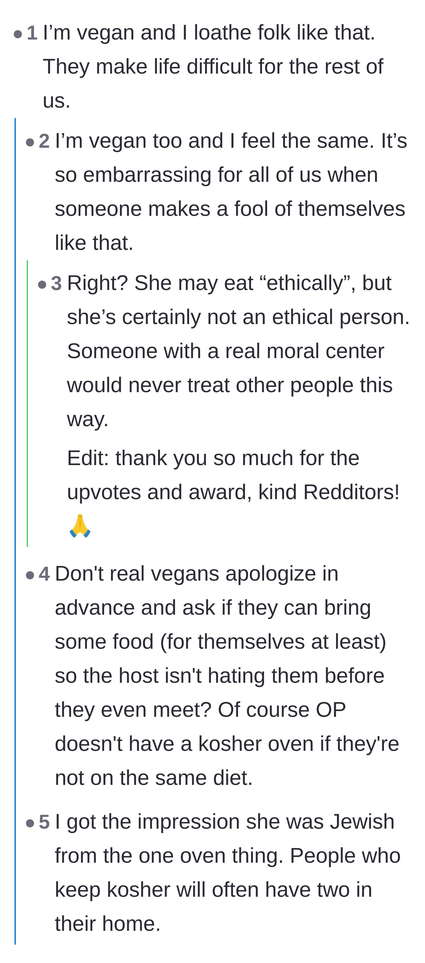 Comment thread 5 - Vegans condemn the girlfriend's behavior, explaining how proper guests handle dietary restrictions without offending their hosts.