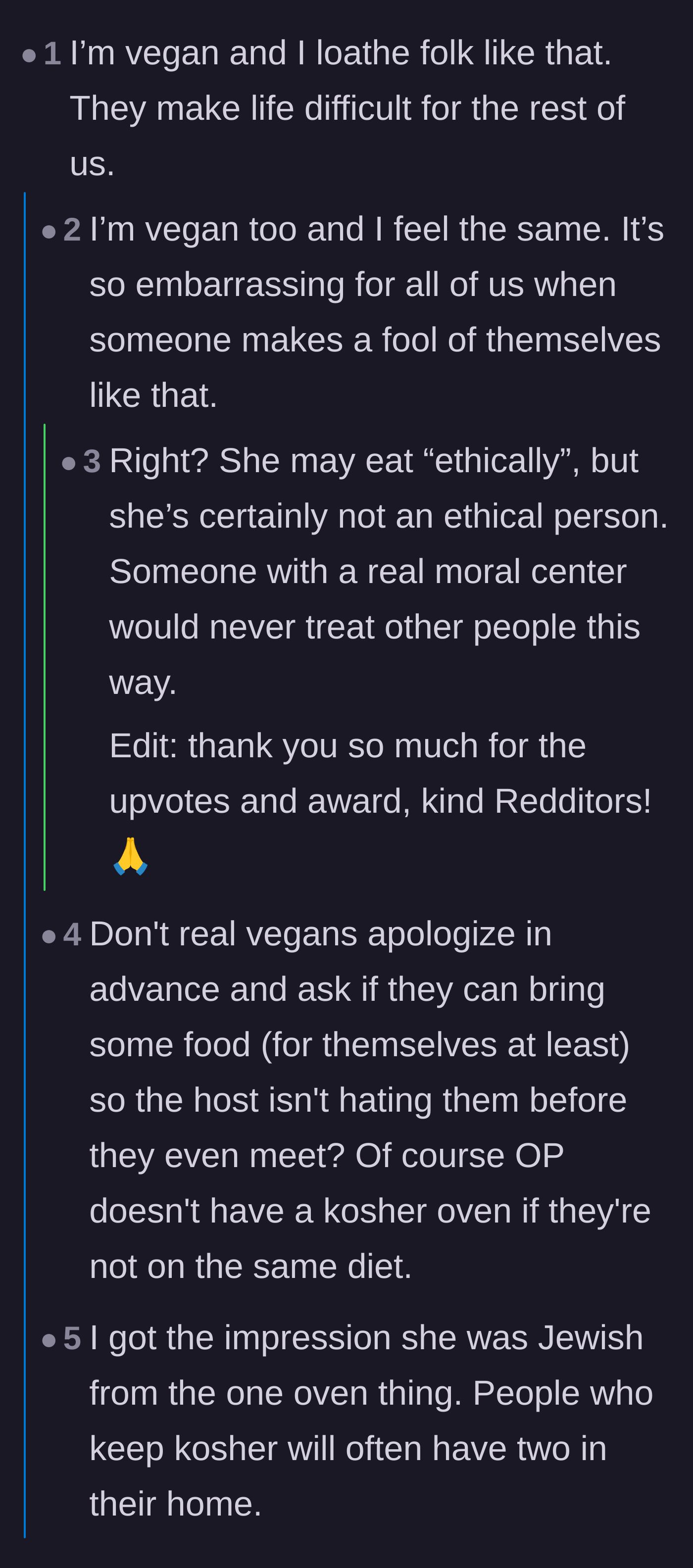 Comment thread 5 - Vegans condemn the girlfriend's behavior, explaining how proper guests handle dietary restrictions without offending their hosts.