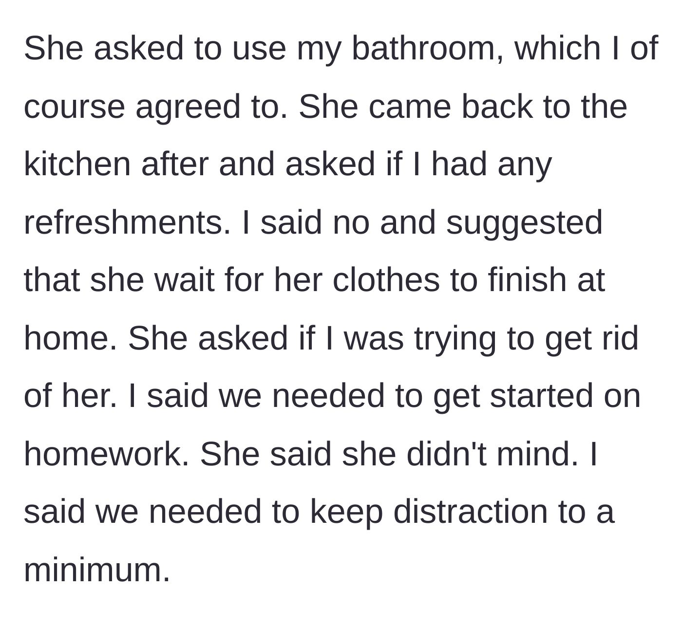 Story part 4 - Neighbor asking for refreshments and the host suggesting she wait at her own house.