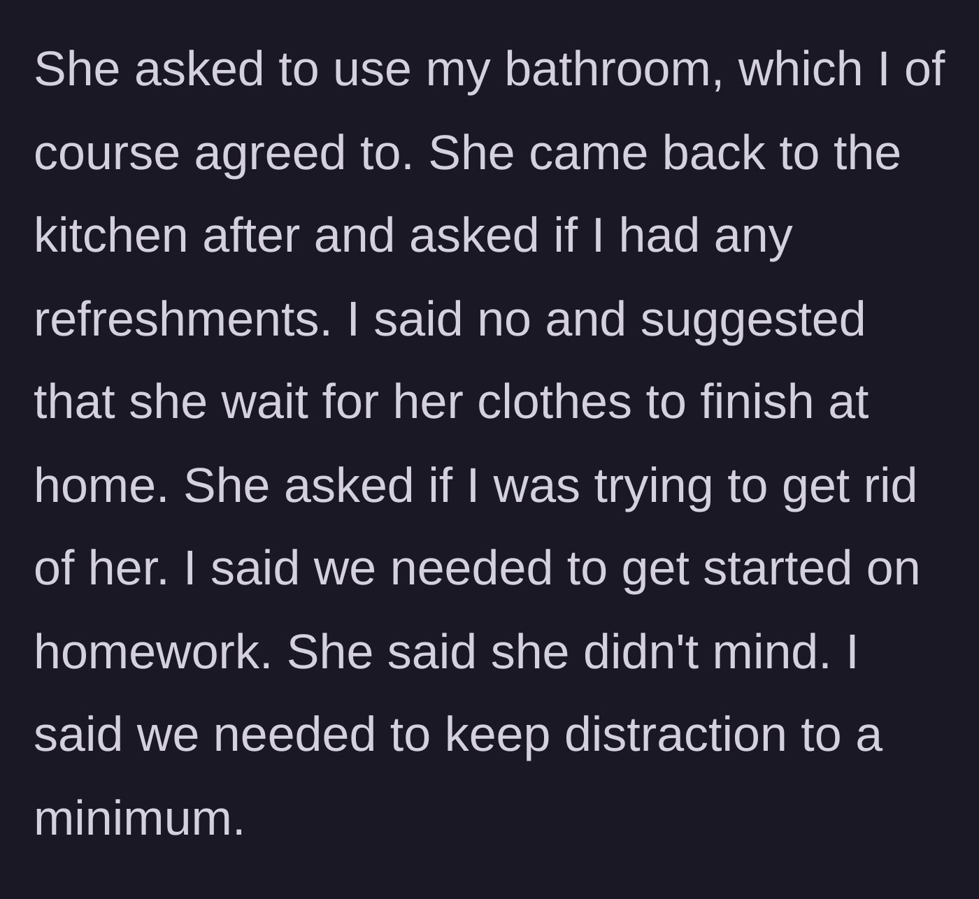 Story part 4 - Neighbor asking for refreshments and the host suggesting she wait at her own house.