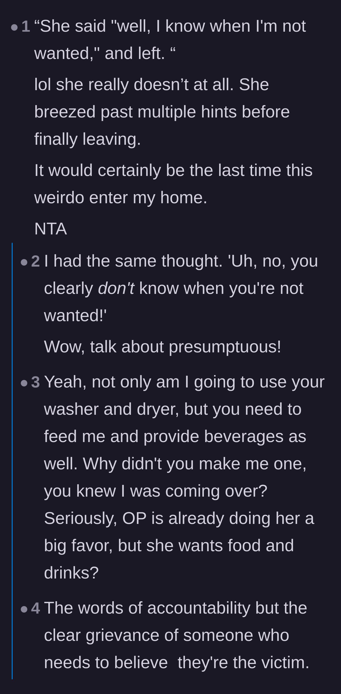 Comment thread 1 - Discussing the neighbor's lack of self-awareness and weaponized victimhood.