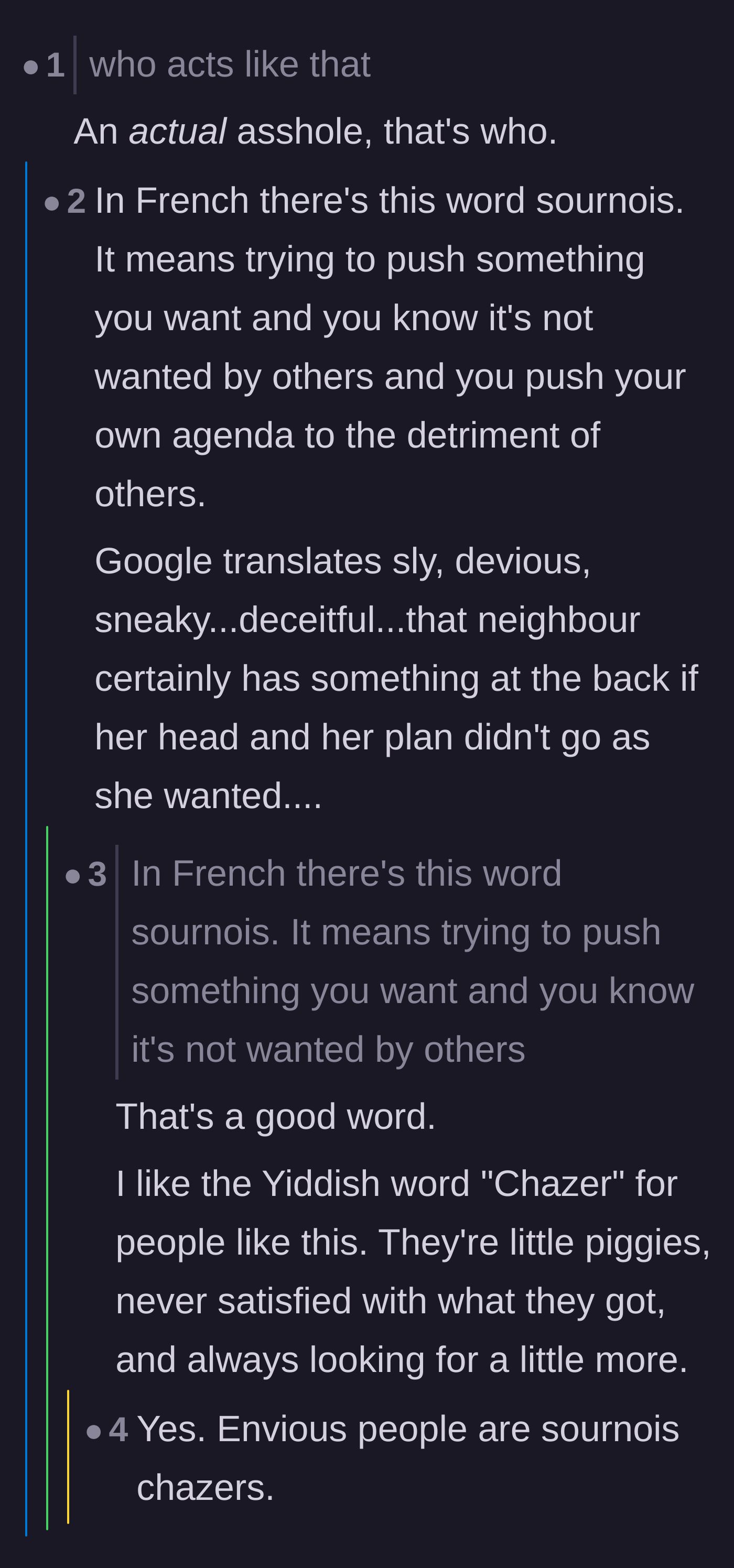Comment thread 2 - Translating the neighbor's deceitful and greedy behavior using French and Yiddish terms.