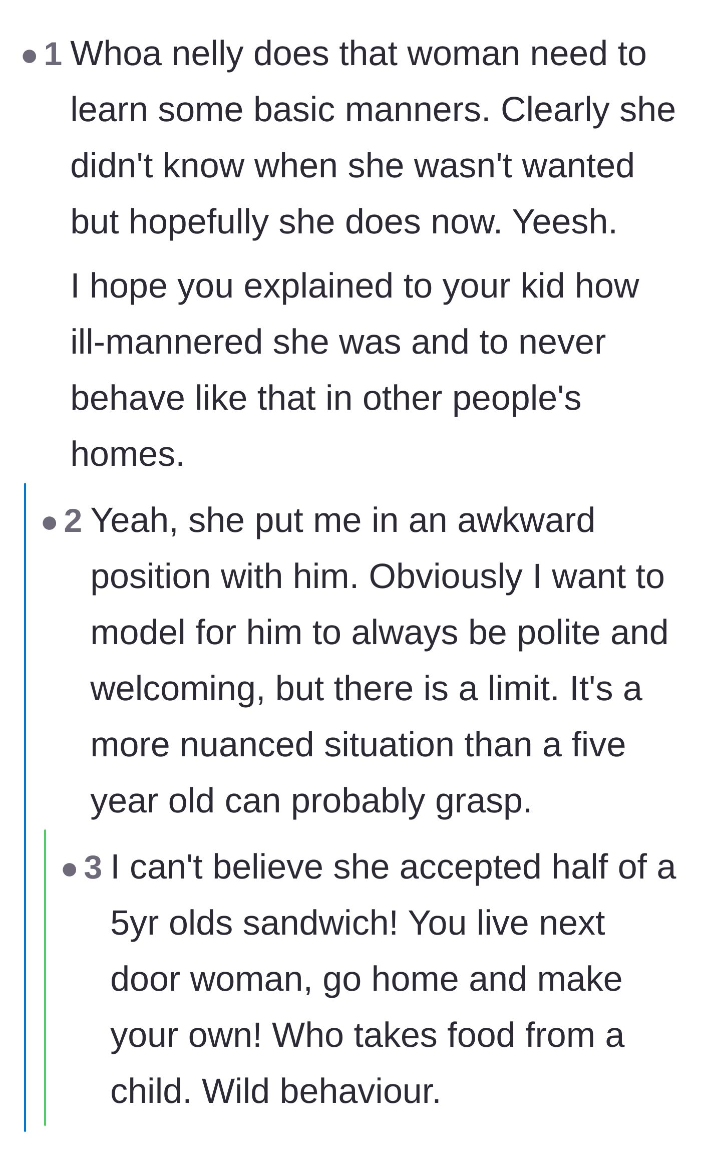 Comment thread 3 - Outrage over the neighbor taking and attempting to discard a young child's food.