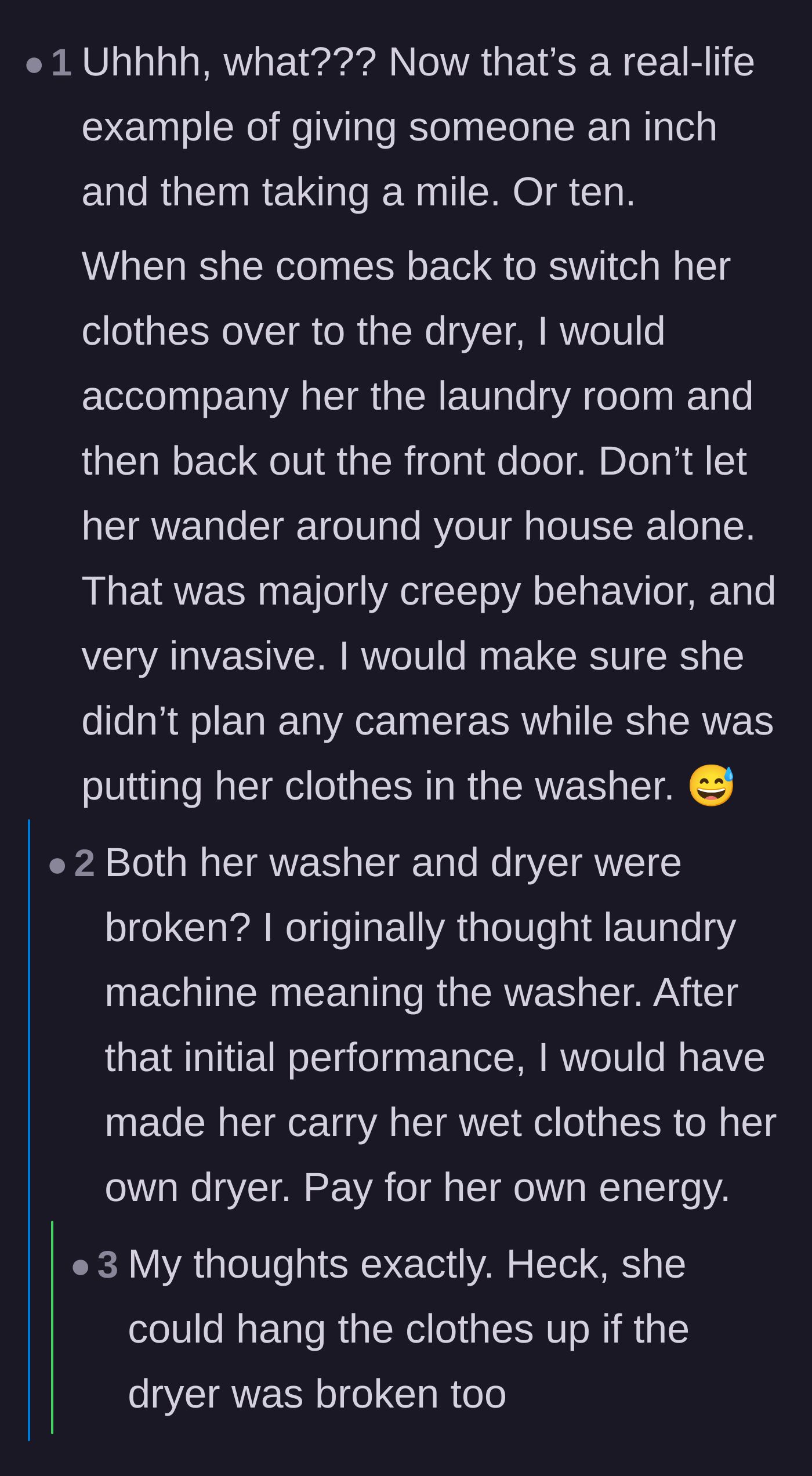 Comment thread 4 - Highlighting the invasive escalation of the neighbor's behavior and the risks of being too accommodating.