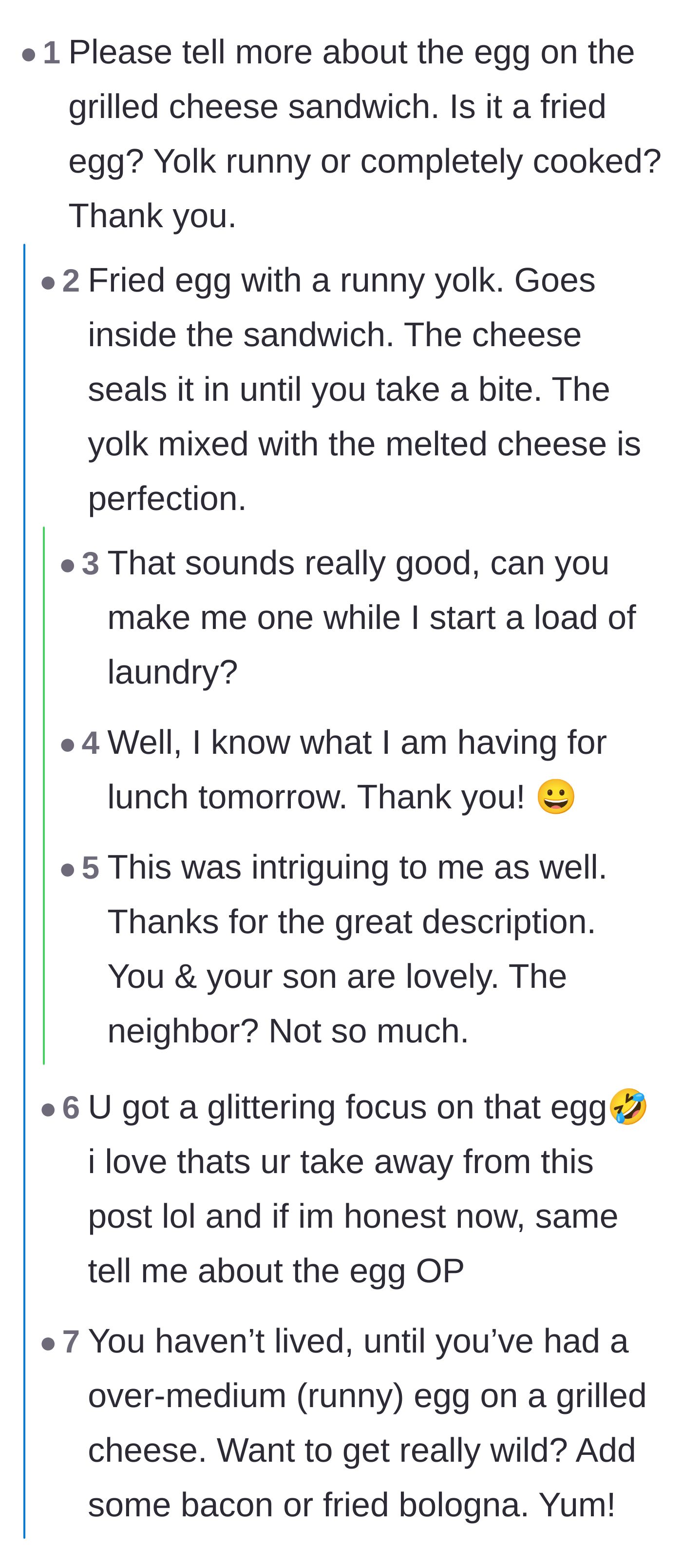 Comment thread 5 - Readers getting distracted by and asking for the main character's runny egg grilled cheese recipe.