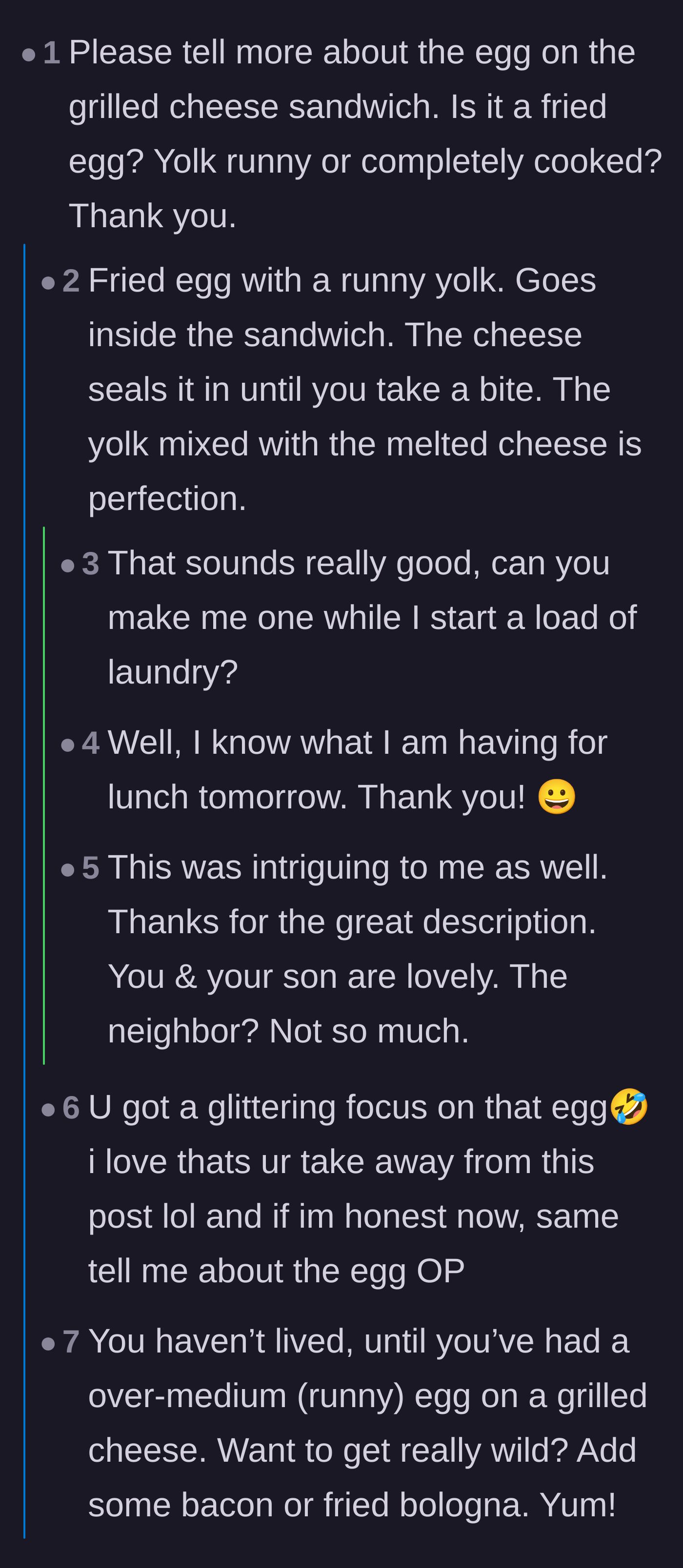 Comment thread 5 - Readers getting distracted by and asking for the main character's runny egg grilled cheese recipe.