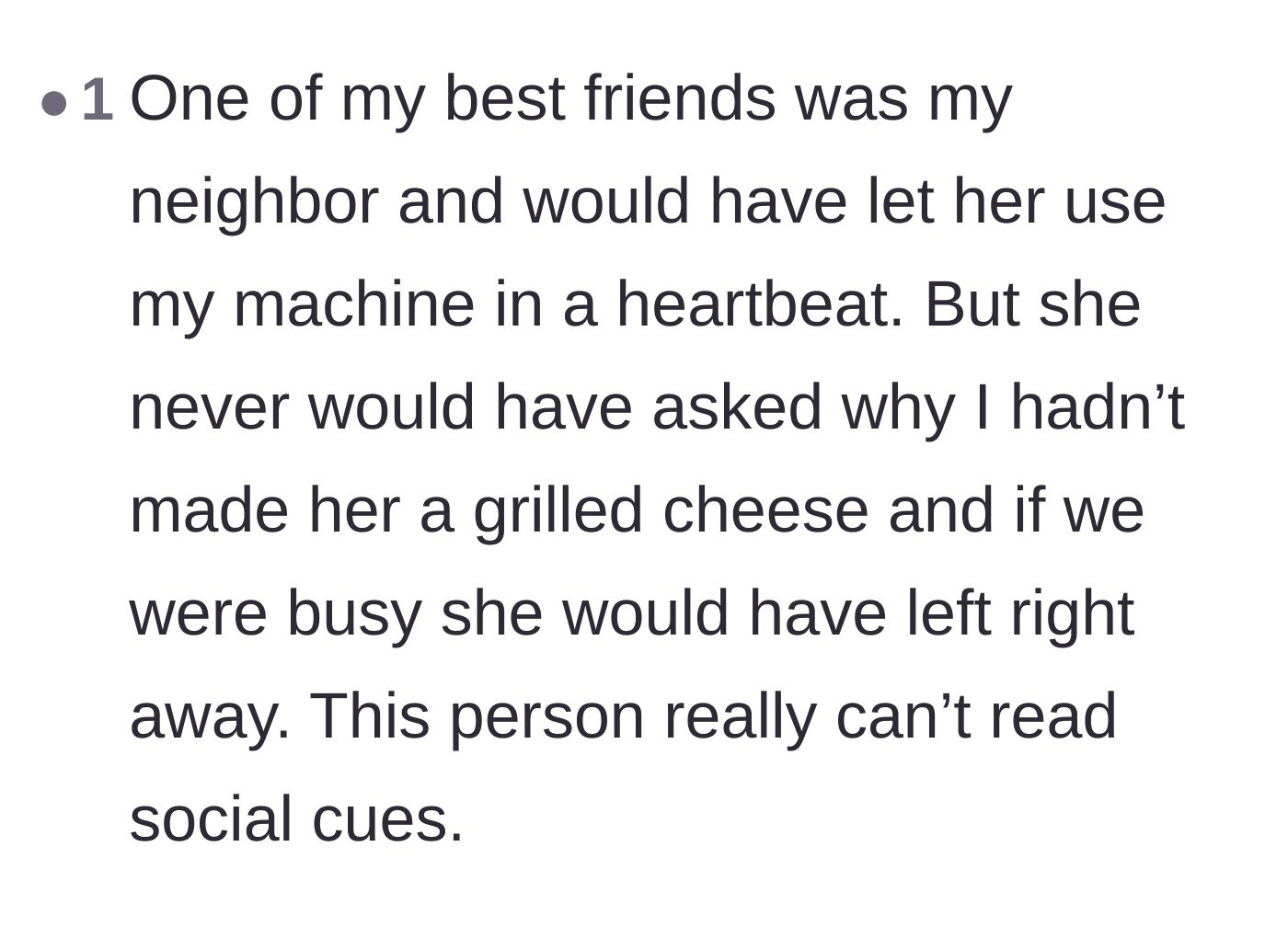 Comment thread 6 - Comparing the entitled neighbor's behavior to how a respectful friend would act in the same situation.